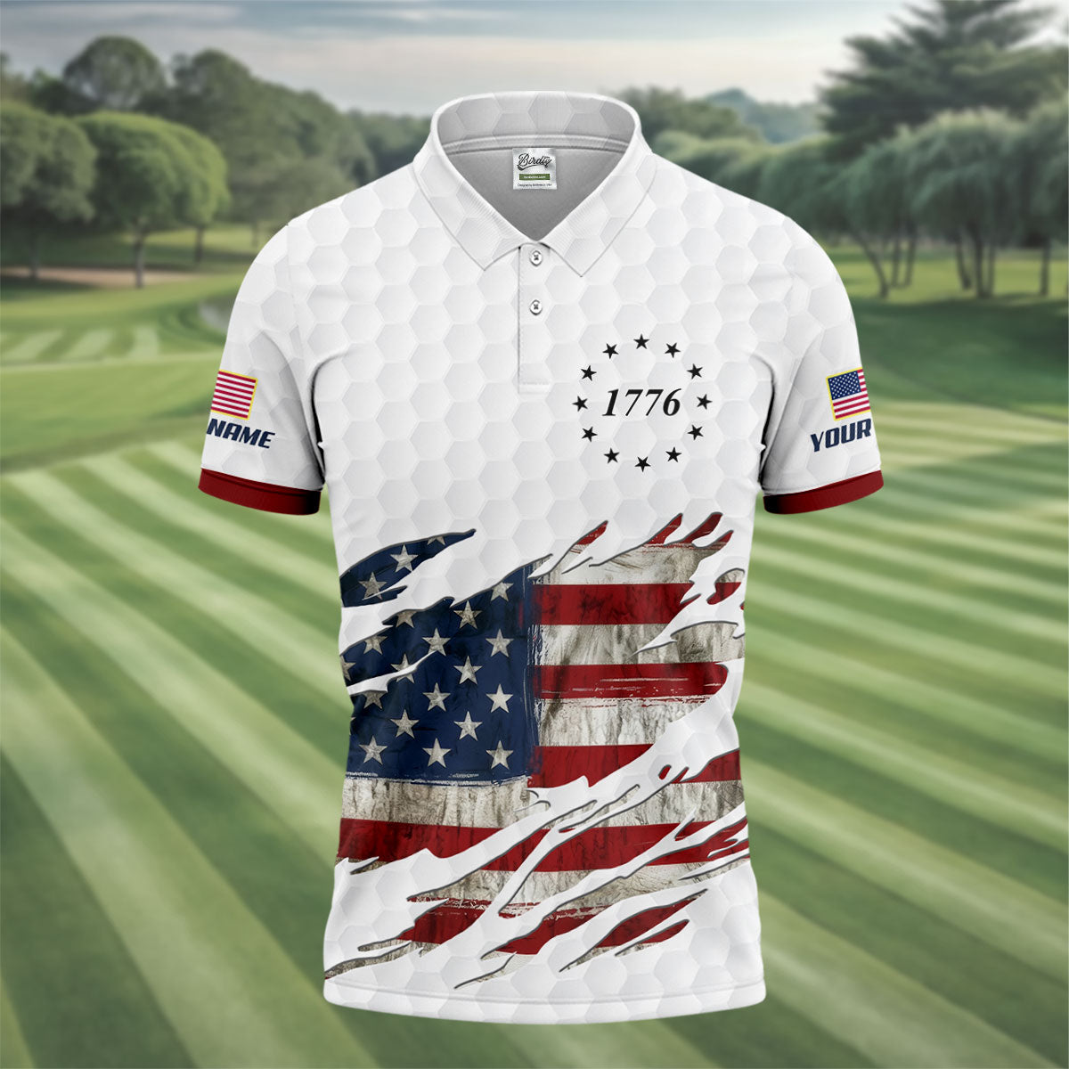 American Flag 1776 Golf Ball Pattern Golf Shirts For Men, 250th Anniversary Polo Shirt Men