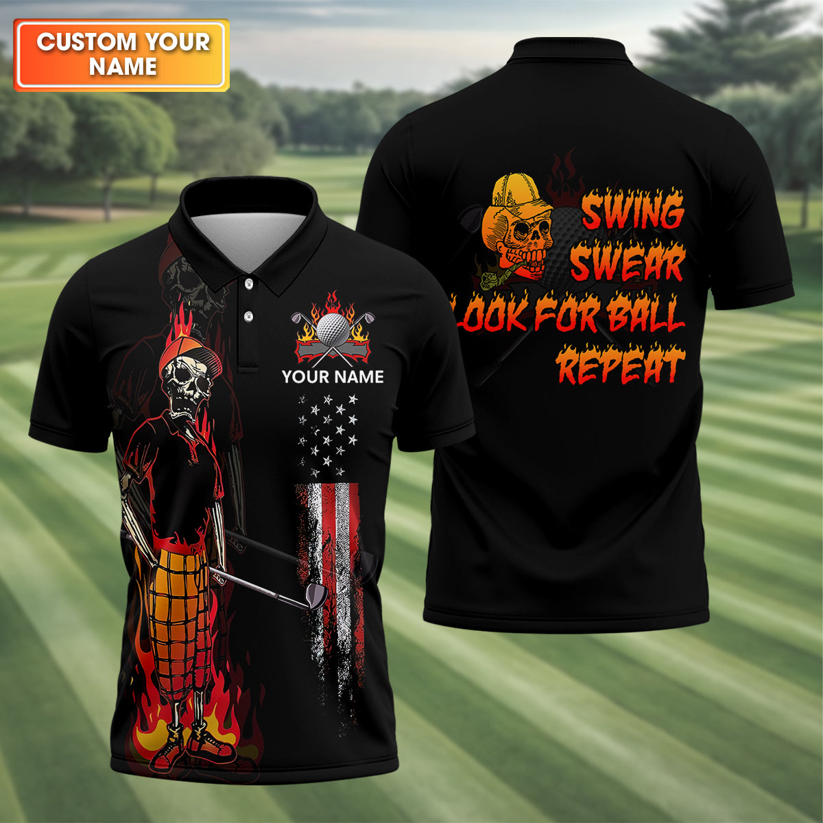 Custom Flaming Skeleton Men's Golf Polo Shirtens Golf Gift, Funny Golf Shirt