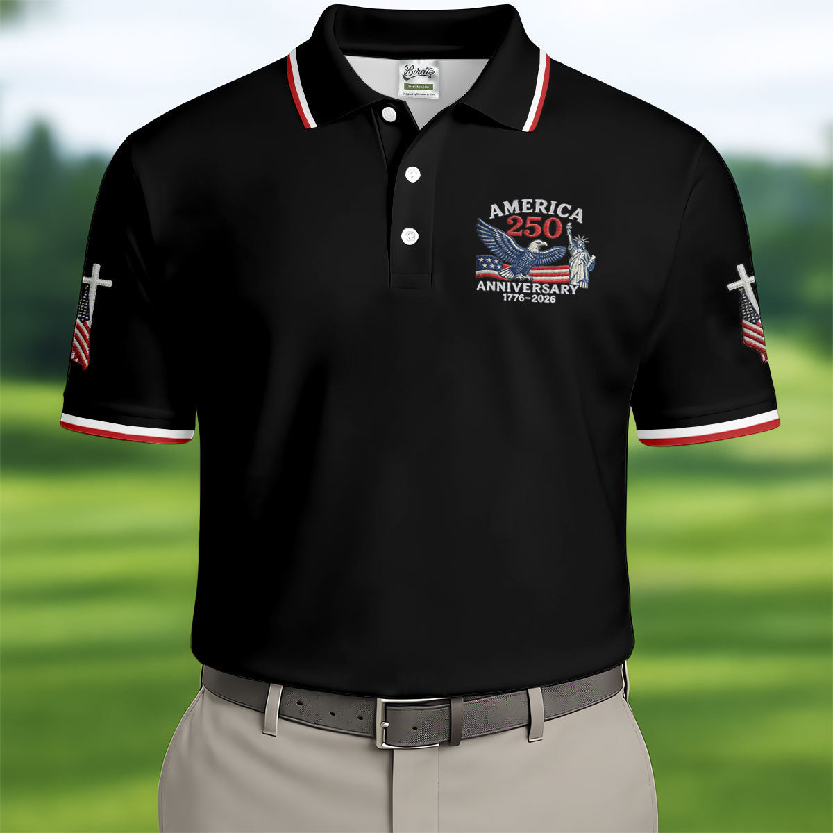 Faith Cross Bald Eagle America 250 Anniversary Black Patriotic Golf Shirt, Golf Shirts For Men