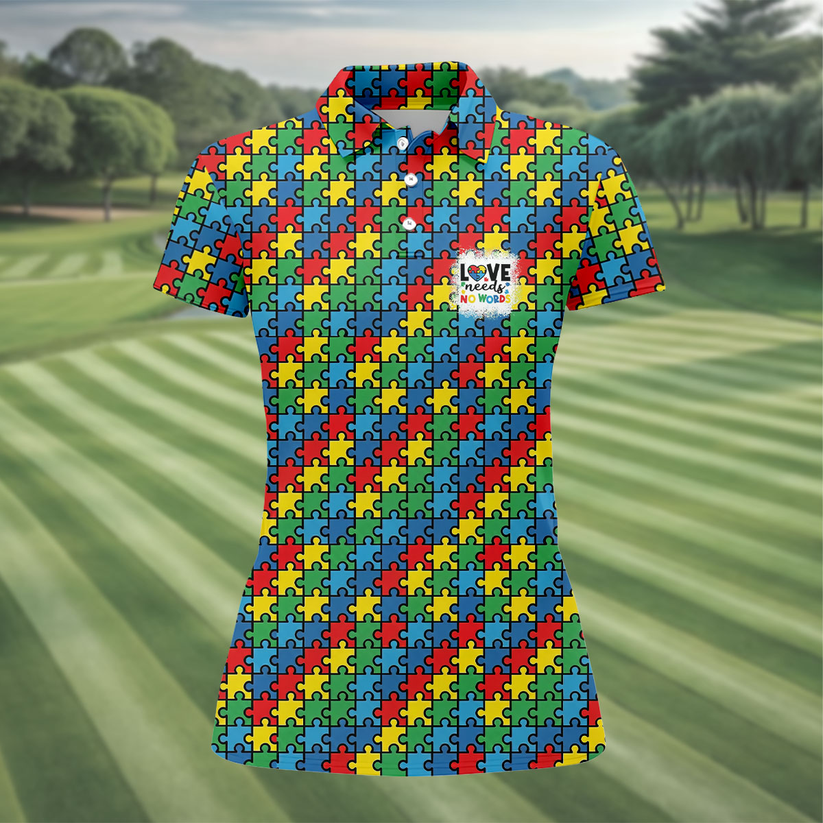 Love Needs No Words Autism Awareness Jigsaw Puzzle Pieces Golf Shirt For Women, Ladies Golf Polos