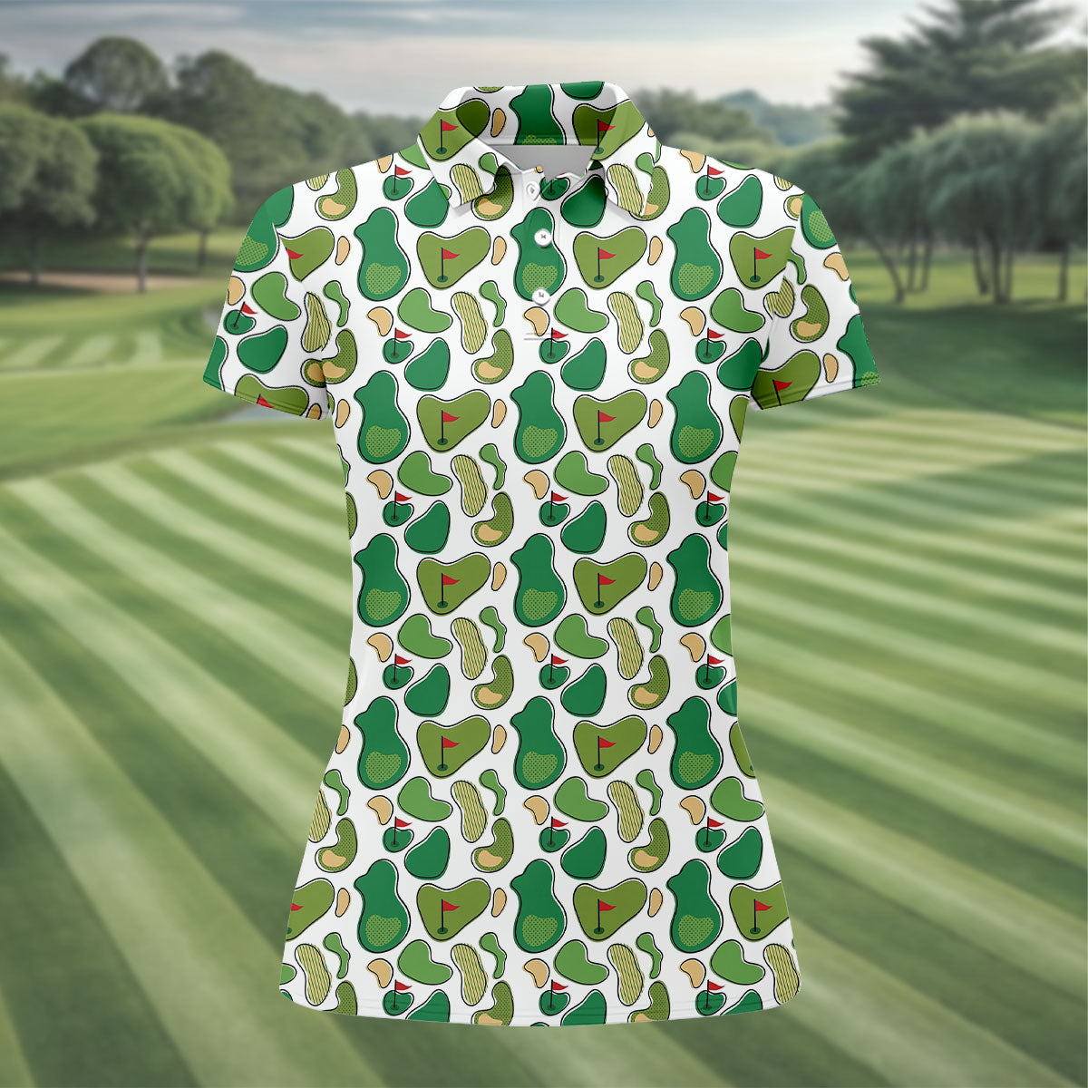 Mini Golf Course Seamless Pattern Women's Golf Tops, Performance Golf Polos, Ladies Golf Shirts