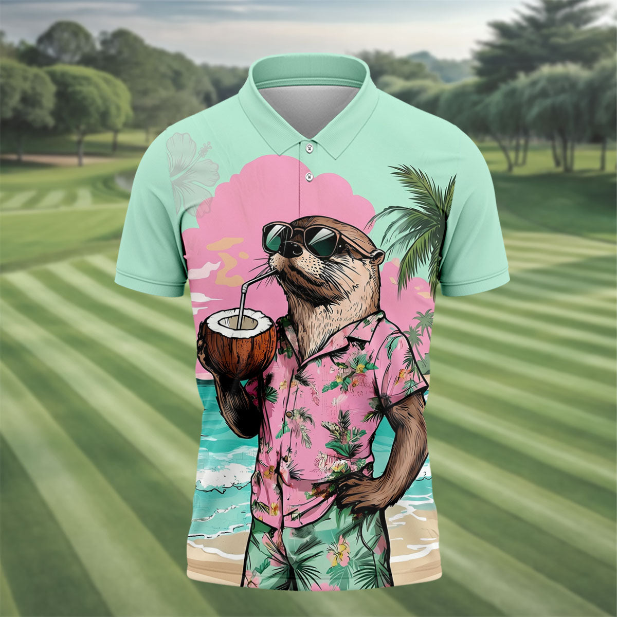 Funny Otter Tropical Summer Hawaiian Golf Shirt, Polo Shirtor Men, Golfing Apparel