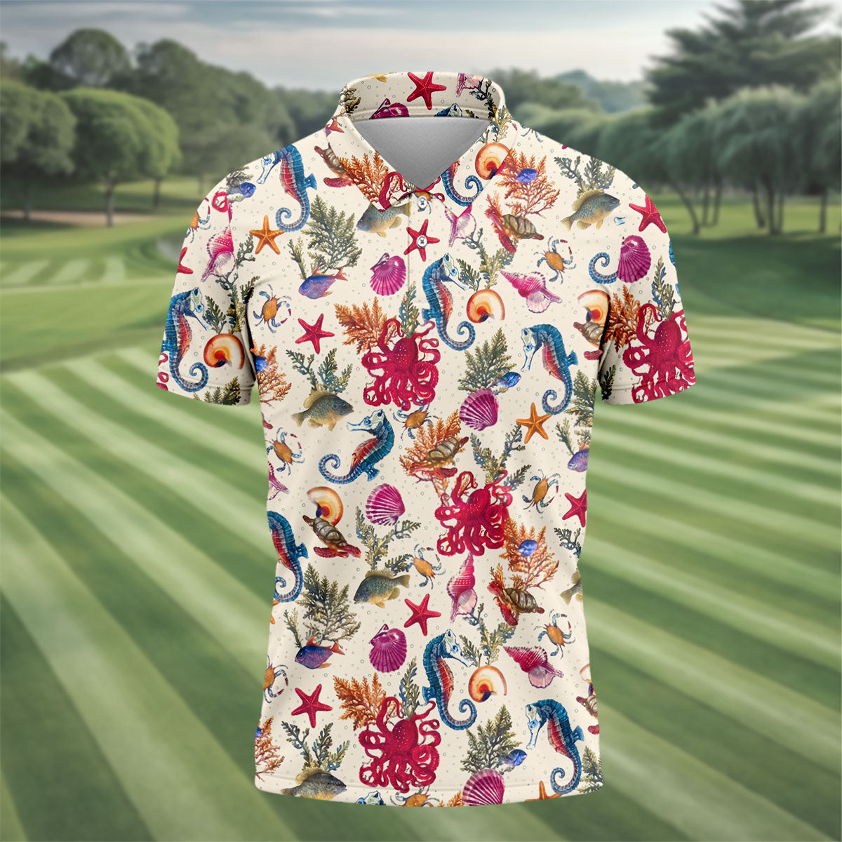 Marine Life Coral Reef Pattern Design Hawaiian Golf Shirt, Golf Shirts For Men, Polo Shirts For Men