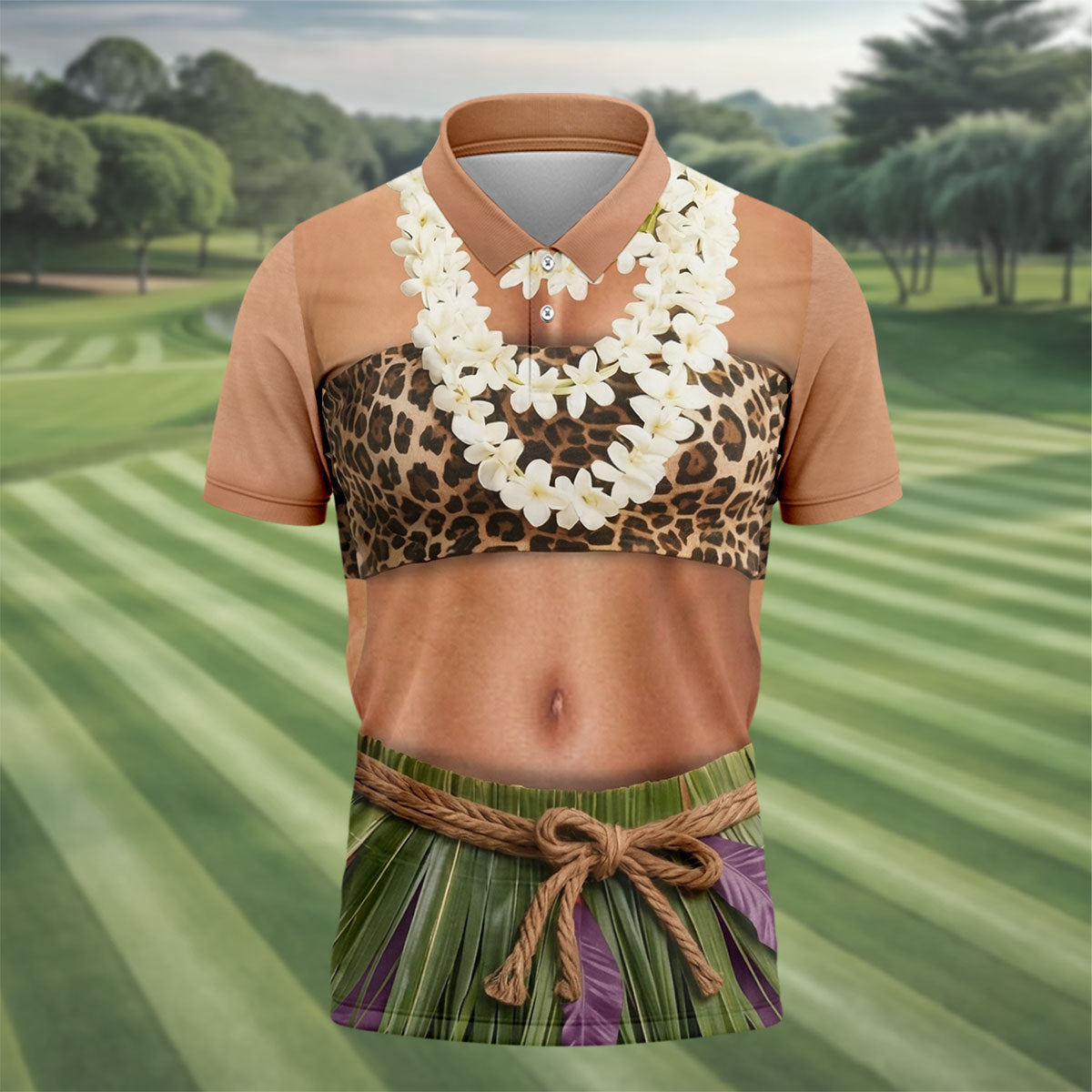 Floral Lei Tropical Theme Party Leopard Print Hawaiian Golf Shirt, Polo Shirtor Men