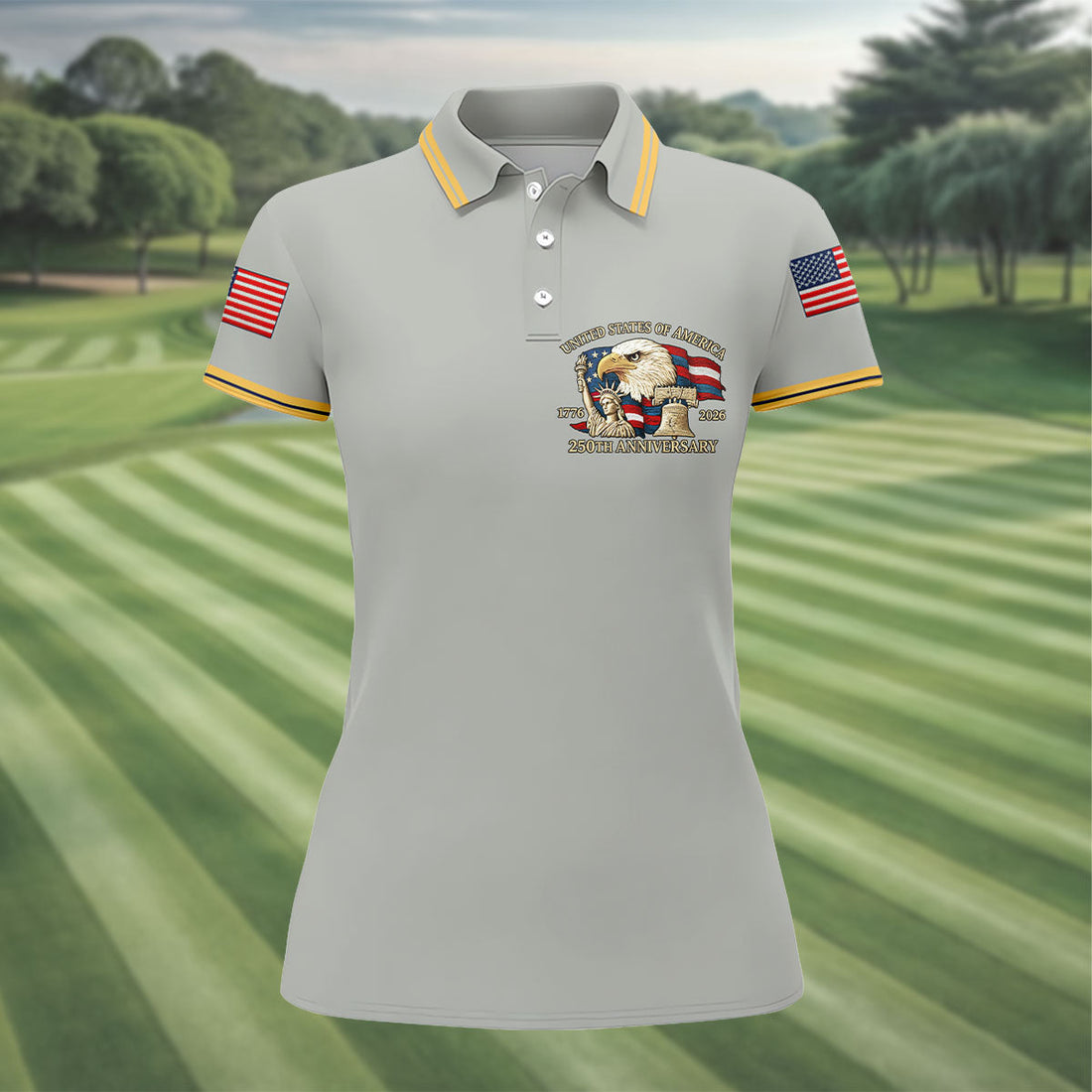 Bald Eagle American Flag 250 Years Grey Golf Shirt, Patriotic 4th Of July Golf Shirt For Women