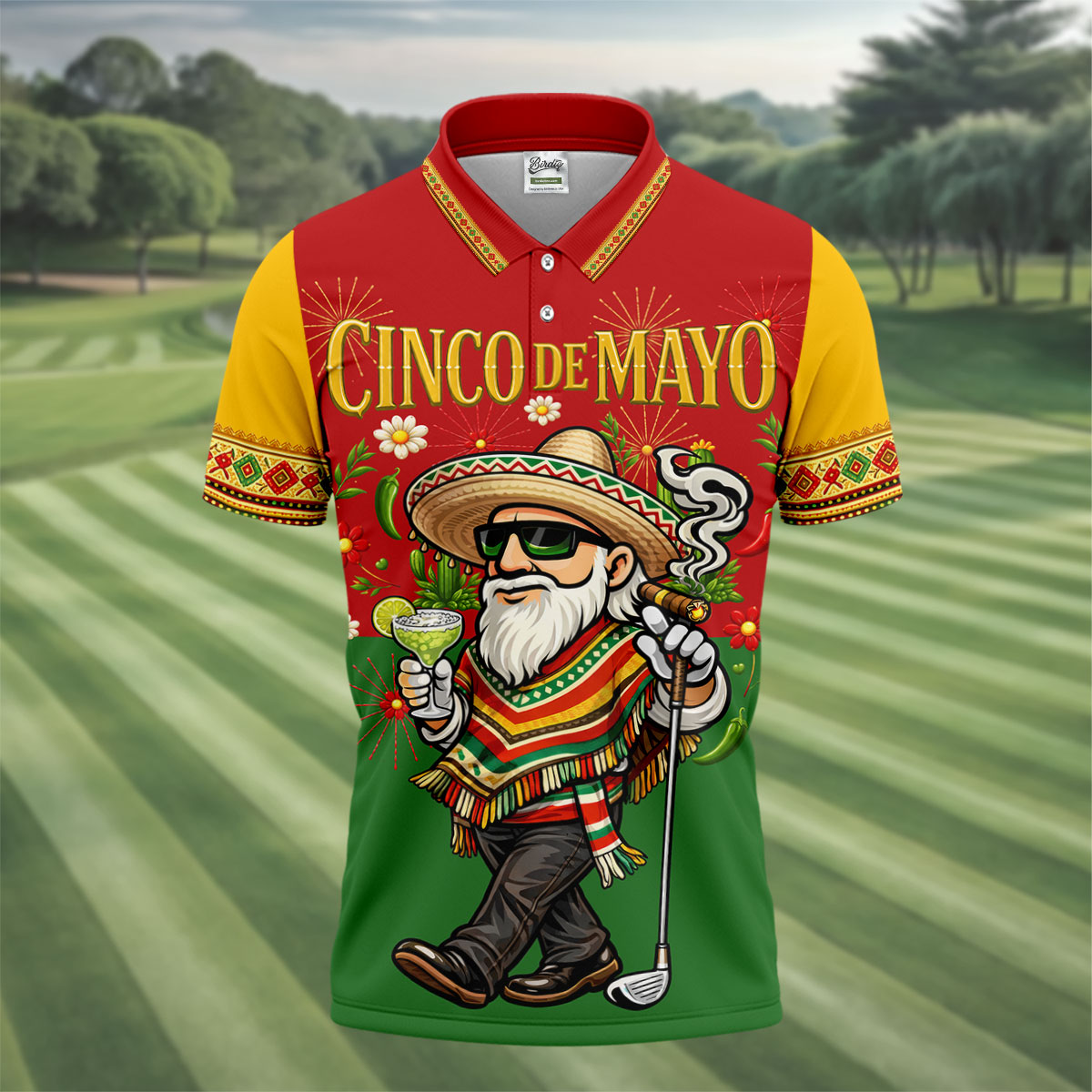 Margarita Man Cinco De Mayo Celebration Red Yellow Green Golf Shirt, Fiesta Theme Golf Shirts For Men