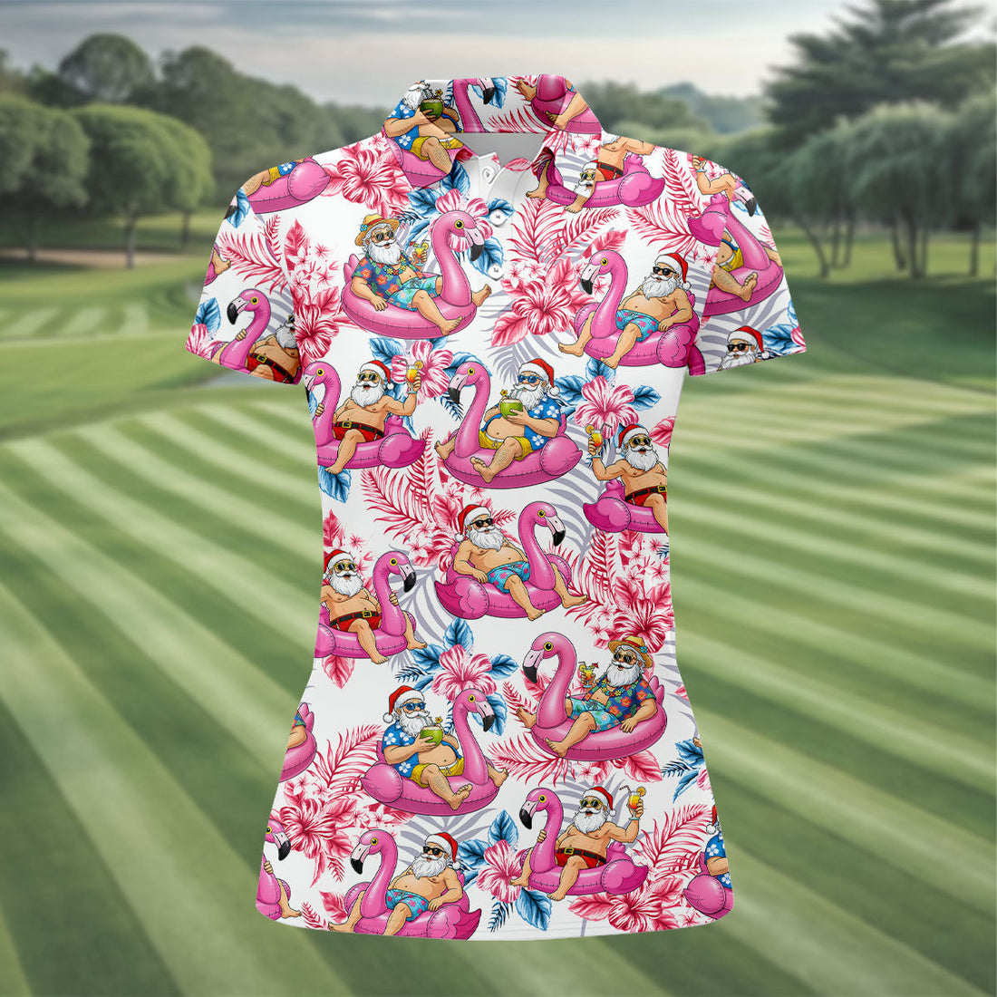 Santa Flamingo Float Tropical Christmas Golf Shirt, Christmas Shirts For Women, Christmas Golf Shirt