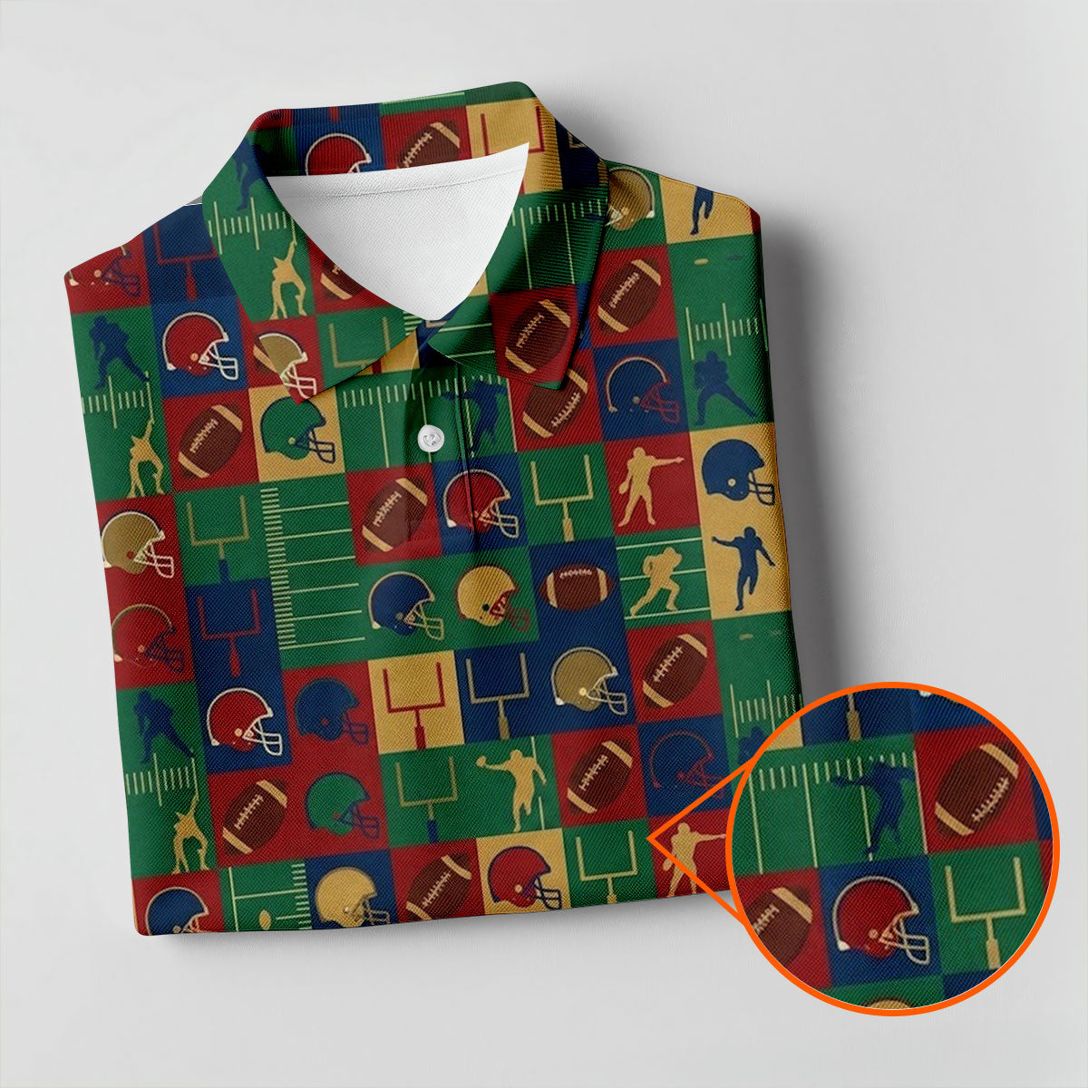 Football Pattern Square Grid Sport Polo, American Football Shirt, Game Day Football Theme Women's Green Polo Shirts