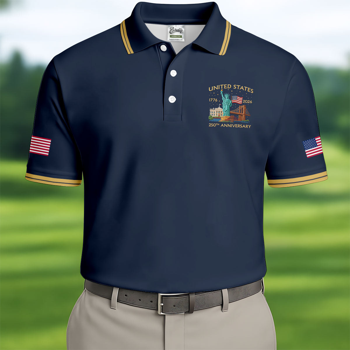 American Symbols Navy Patriotic Golf Shirt, US 250 Years 4th Of July Golf Shirts For Men