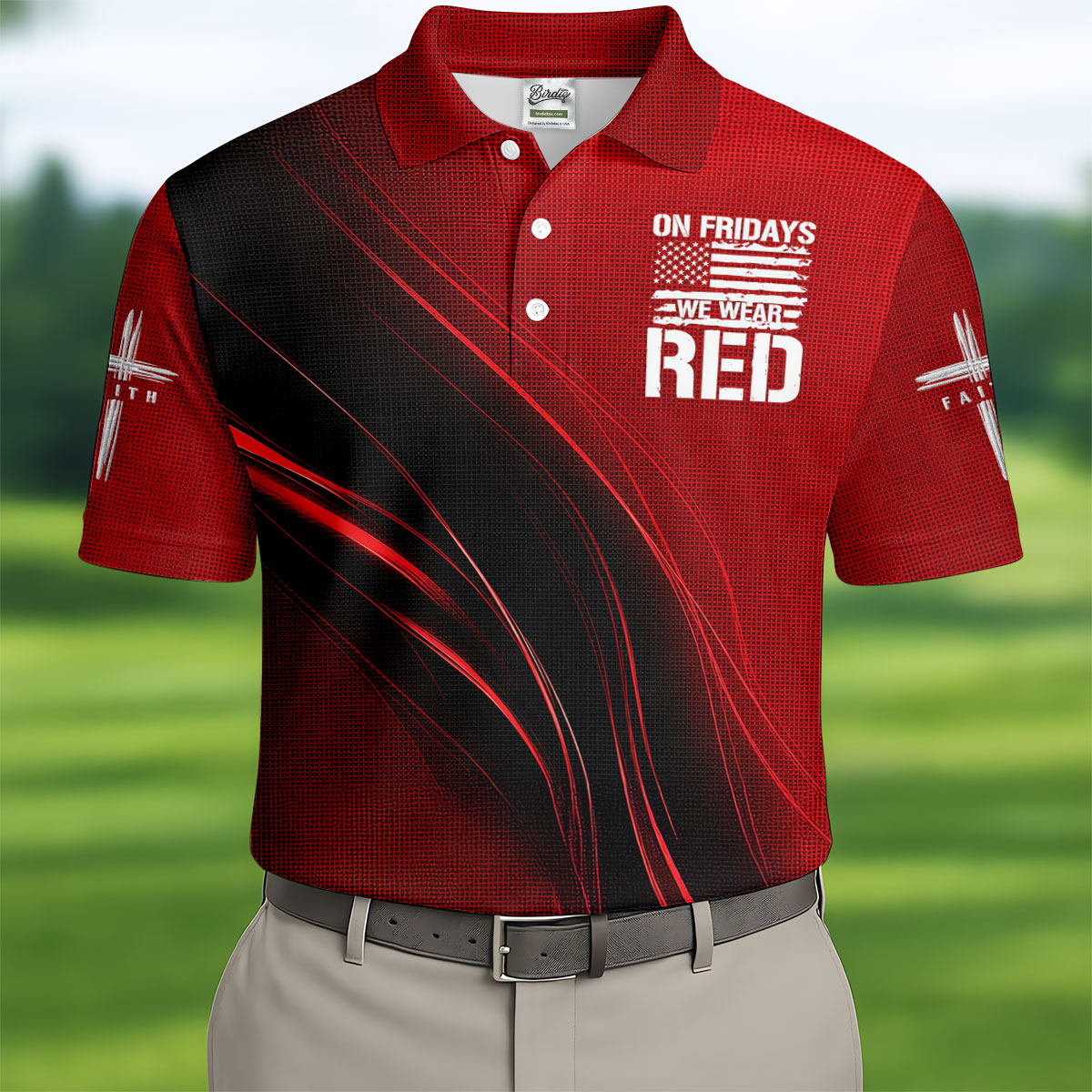 On Friday We Wear Red Faith Cross Red Black Gradient Patriotic Golf Shirt, 250 Years Polo Shirt Men
