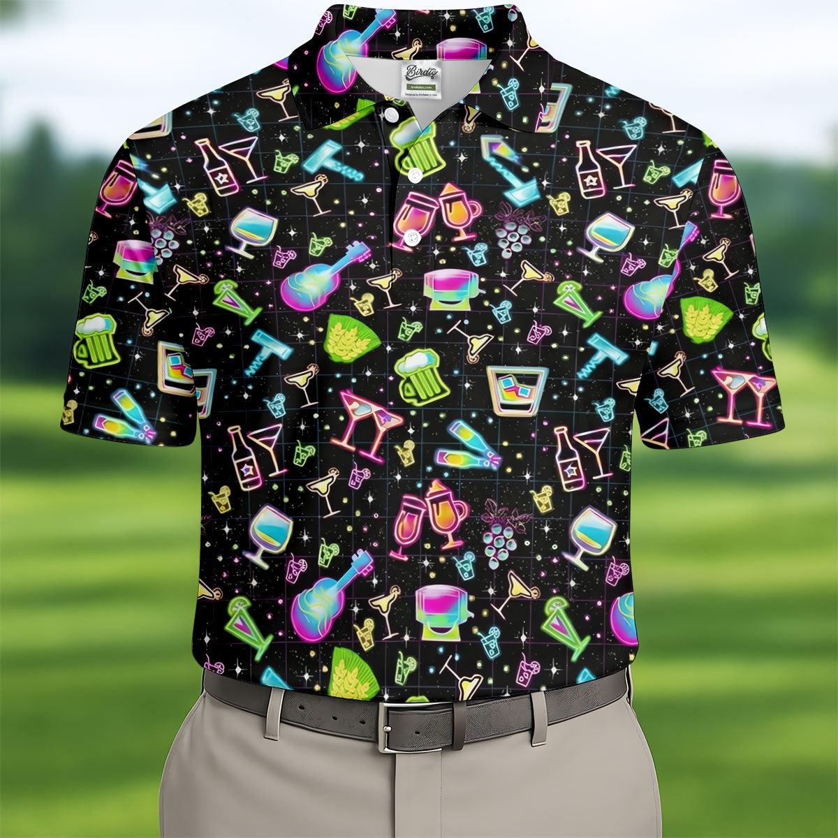 Neon Cocktail Party Pattern Design Hawaiian Golf Shirt, Golf Shirts For Men, Polo Shirts For Men