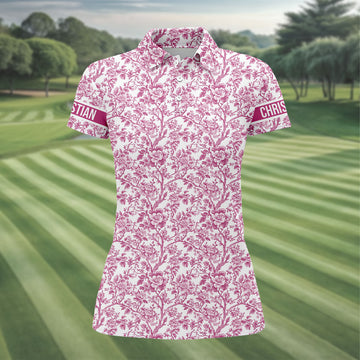 Toile De Jouy Pink Golf Shirt, Women's Golf Tops, Ladies Golf Shirts, Golf Gift For Ladies, Golf Shirt For Women