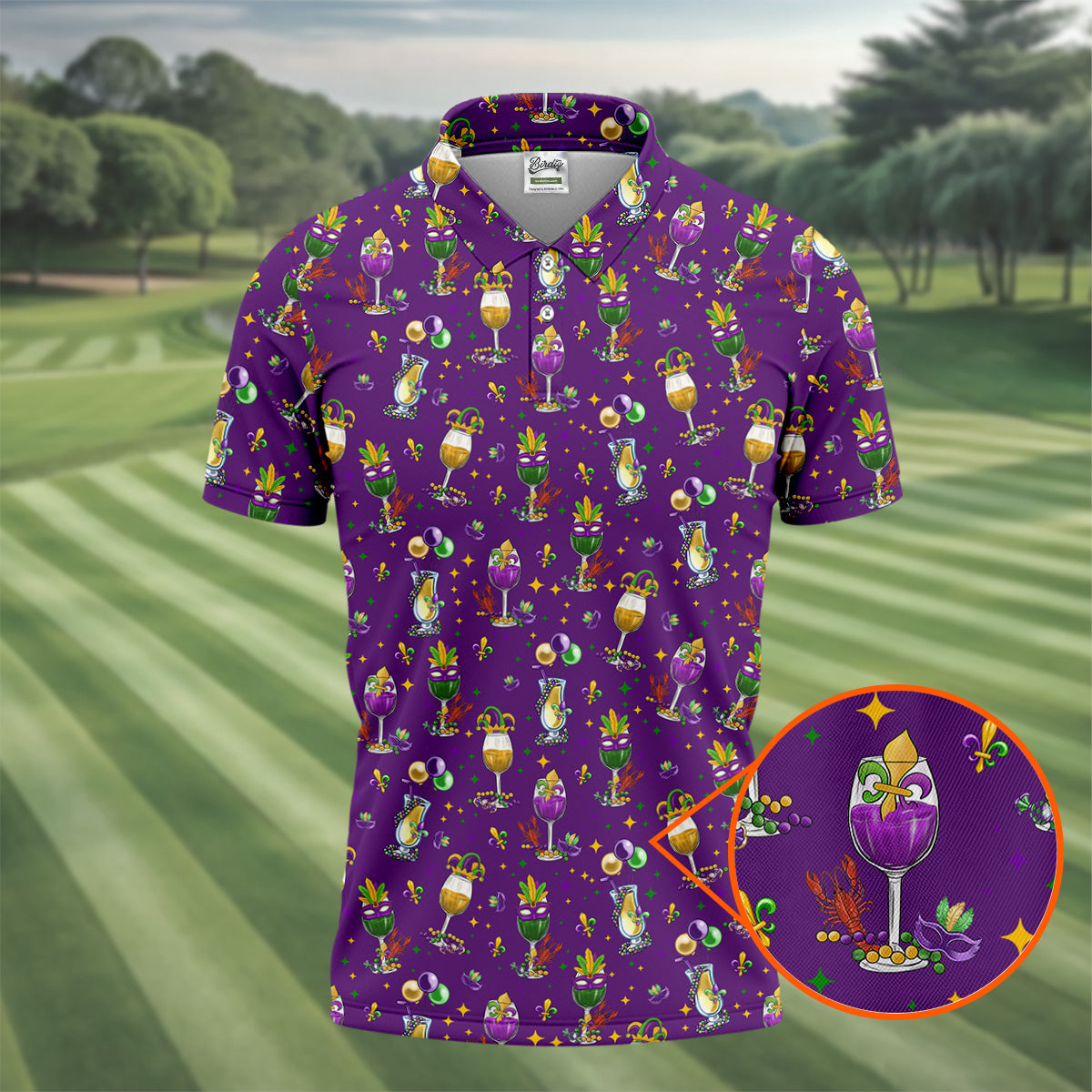 Mardi Gras Wine Glass Beaded Garland Fleur De Lis Purple Golf Shirt, Polo ShirtFor Men, Golf Shirts For Men