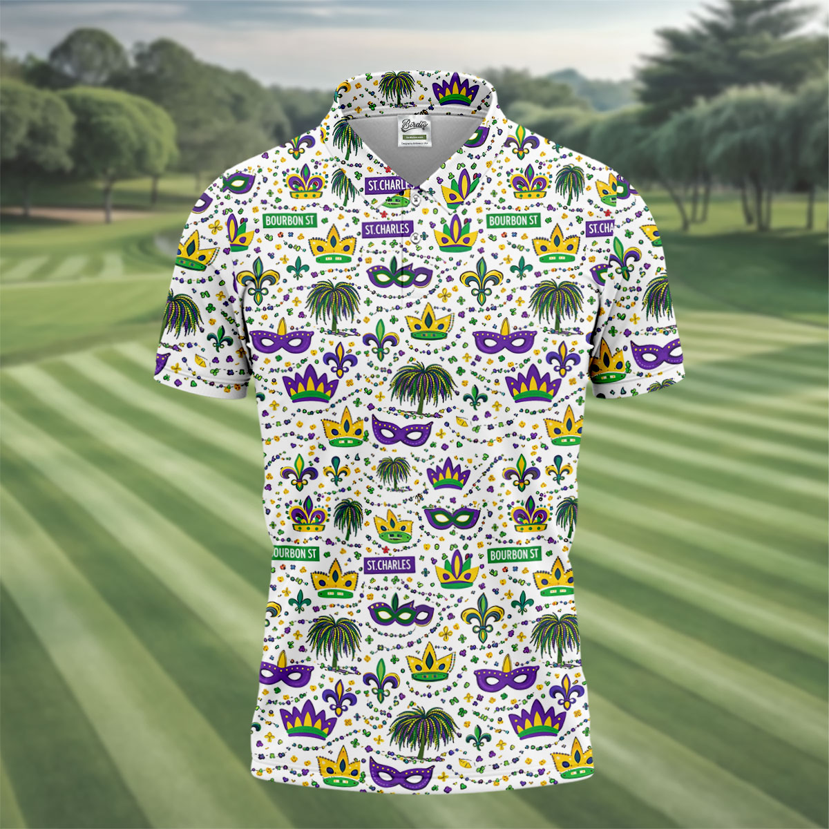 Crown Mask Fleur De Lis Mardi Gras Golf Shirt, Golf Tops For Men, Polo ShirtFor Men, Golf Shirts For Men