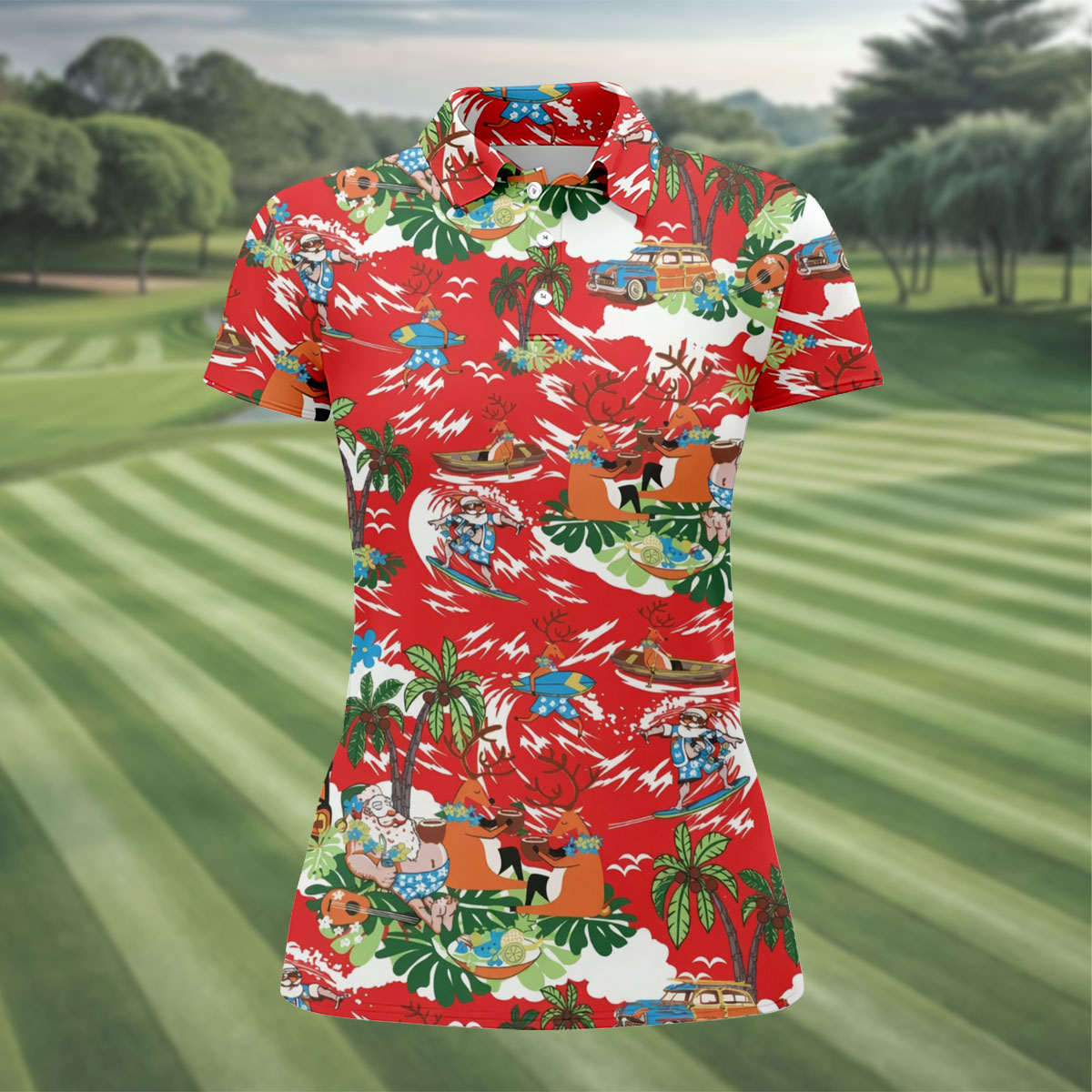 Women's Funny Tropical Santa Surfing Golf Shirt, Christmas Golf Shirt, Women’s Golf Polo