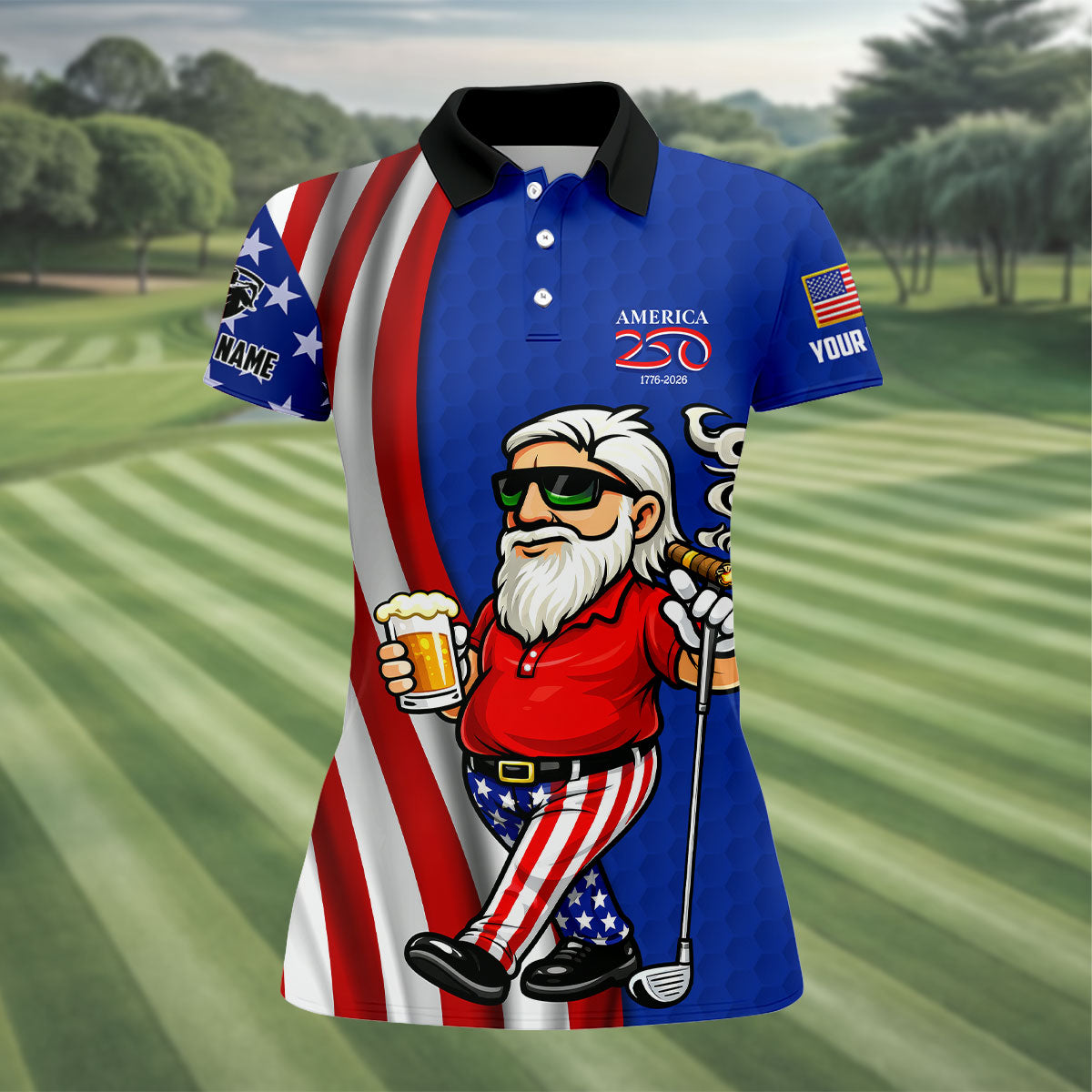 America 250 Patriotic Man 4th Of July Navy Golf Shirt, Golf And Beer Women's Golf Tops