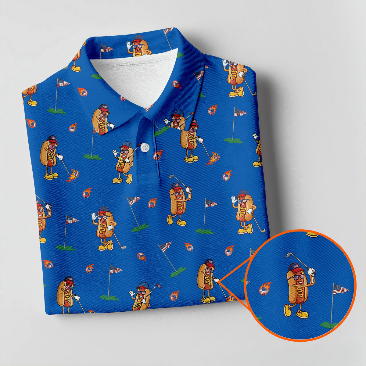 Cartoon Hot Dogs American Flag Pattern 250th Anniversary Blue Golf Shirt, Women's Golf Tops, Ladies Golf Shirt
