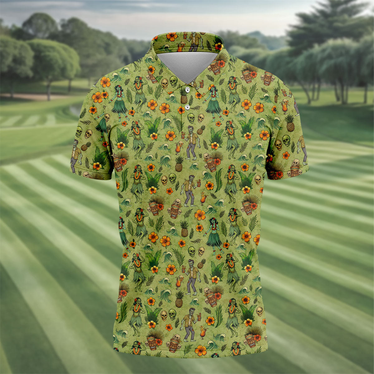 Tiki Zombie Hawaiian Golf Shirt, Hula Dancer Skull Pattern, Polo Shirts For Men