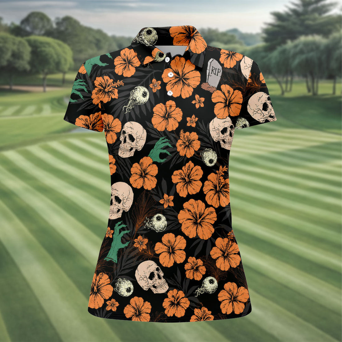 Halloween Skull Hibiscus Floral Pattern Golf Polo Shirt, Ladies Golf Shirts, Golf Polo For Women