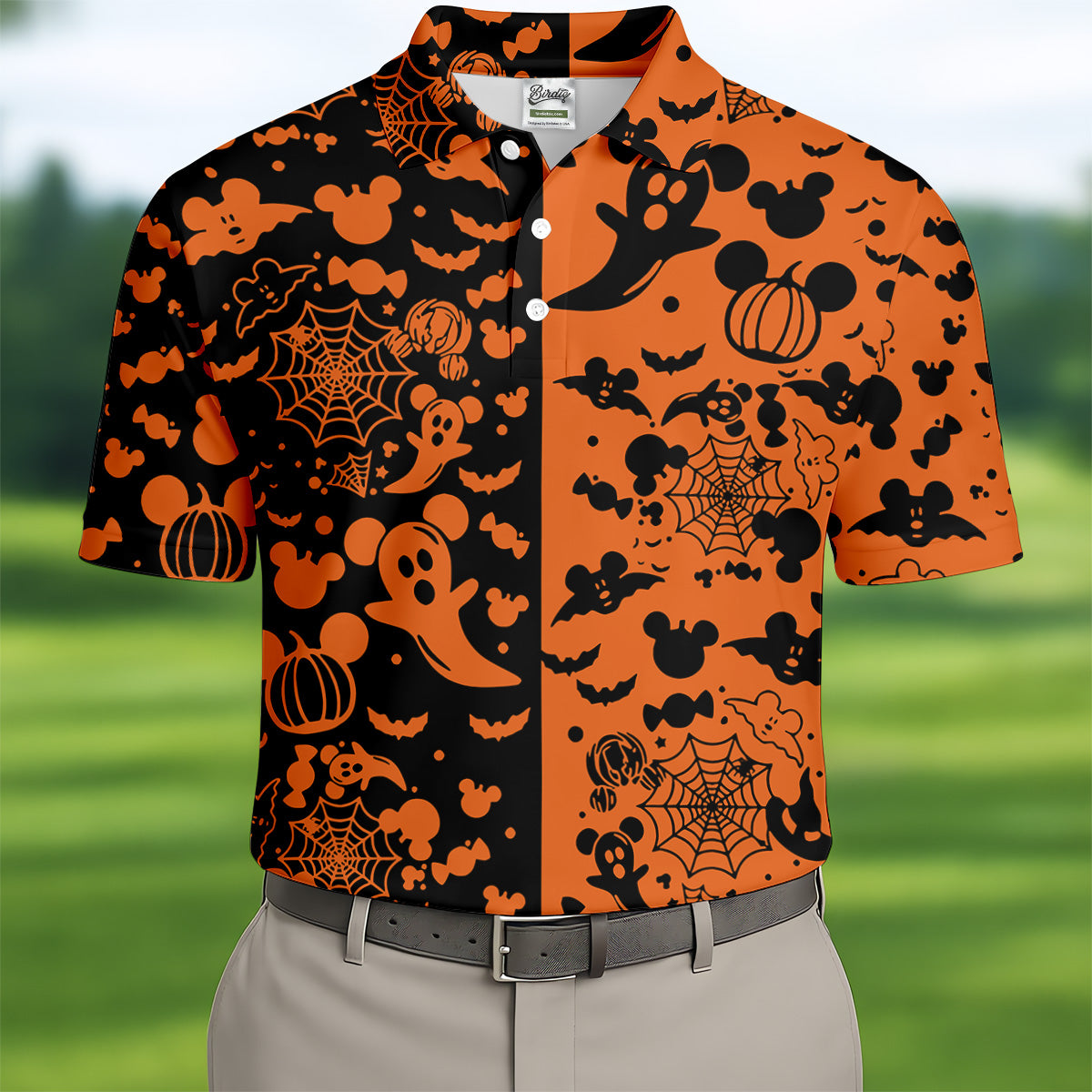 Cute Animated Ghost Black And Orange Halloween Golf Shirt, Fun Golf Shirts For Men, Polo ShirtFor Men
