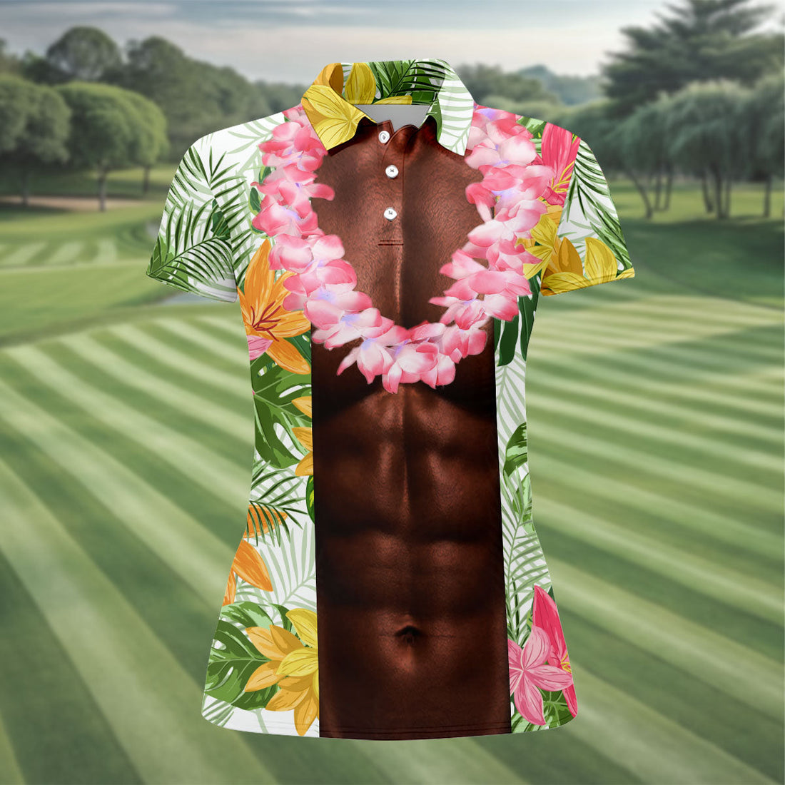 Dark Skin Tropical Muscle Chest Hawaiian Golf Polo Shirt, Ladies Golf Shirts, Golf Polo For Women