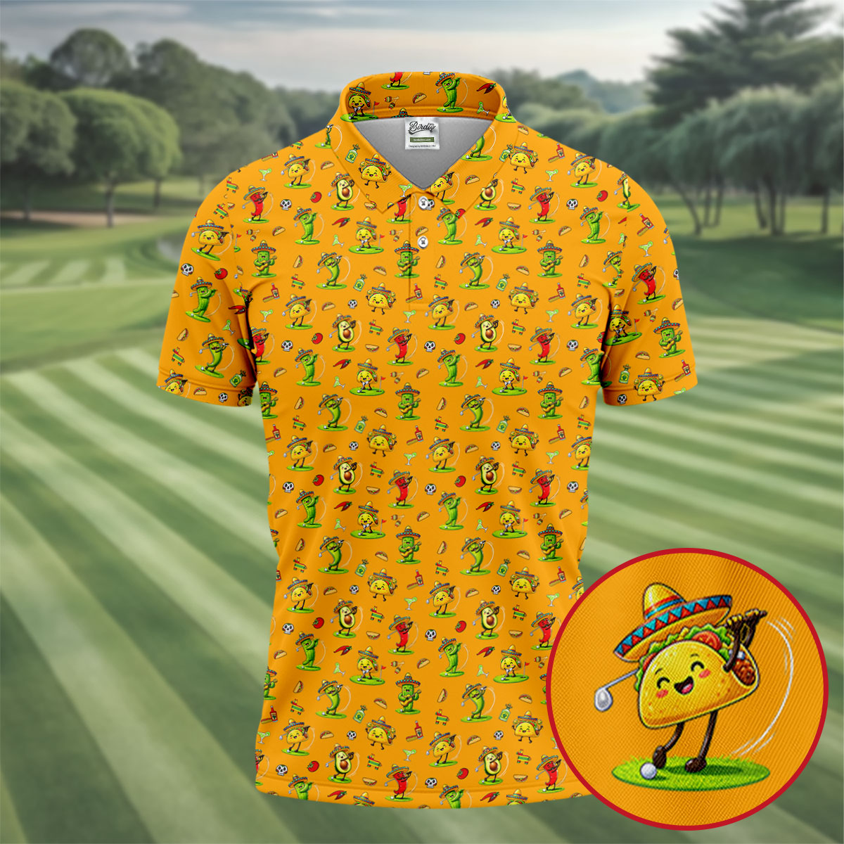 Mexican Cartoon Food Characters Cinco De Mayo Celebration Fiesta Themed Yellow Golf Shirts For Men