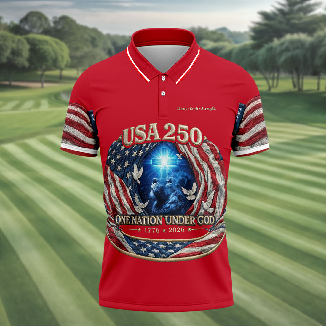 One Nation Under God Faith Cross USA 250 Red Golf Shirt, 4th Of July Golf Shirts For Men
