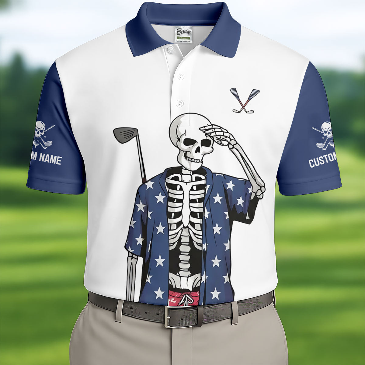 Skeleton Golf White Navy 4th Of July Patriotic Golf Shirt, 250 Years Golf Shirts For Men