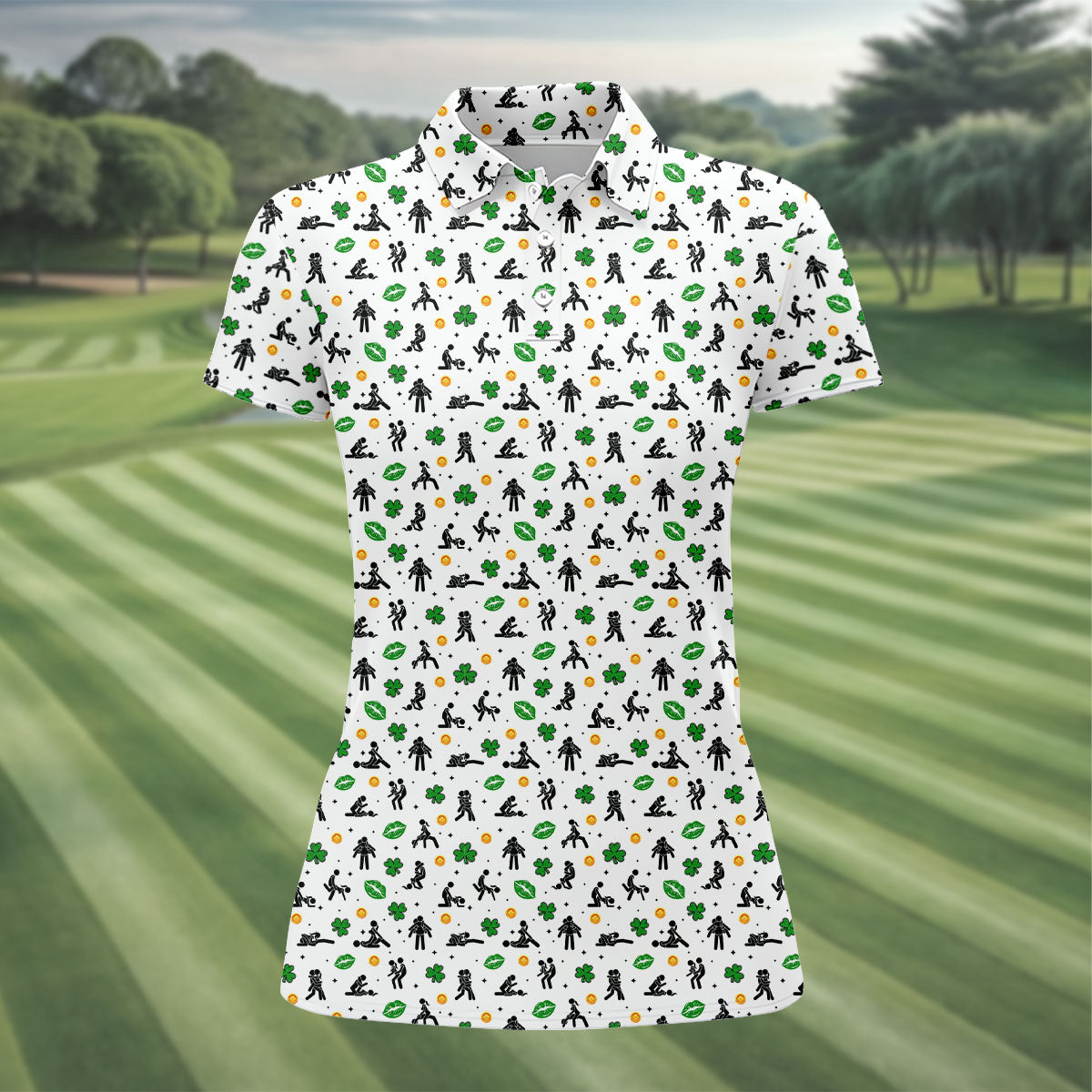 Funny Stick Figure Naughty Position Shamrock St Patrick's Day Golf Shirt, Women's Golf Tops, Ladies Golf Shirts