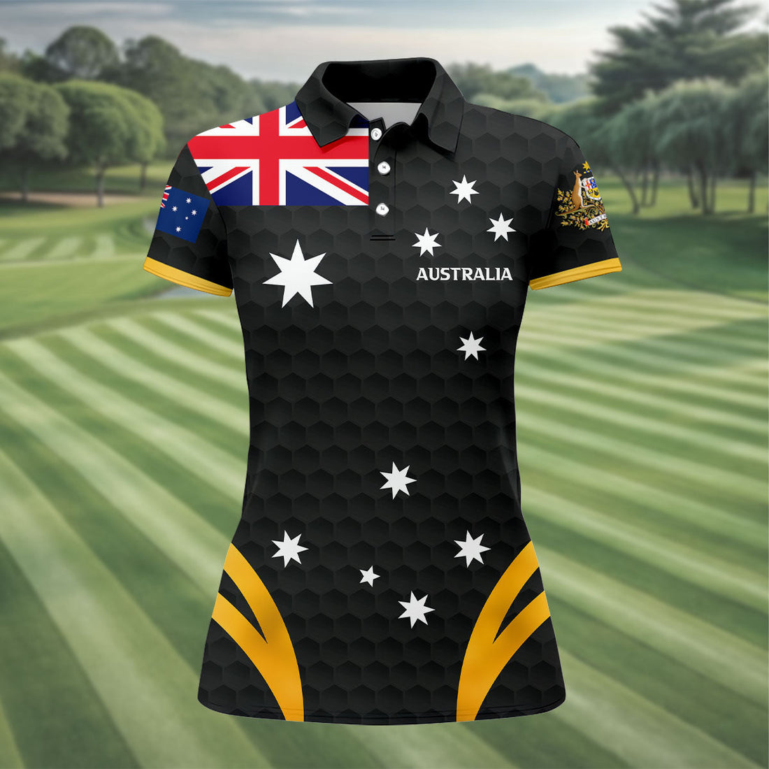 Australia Flag Print Golf Ball Pattern Black Golf Shirt, Australian Symbol Golf Shirt For Women