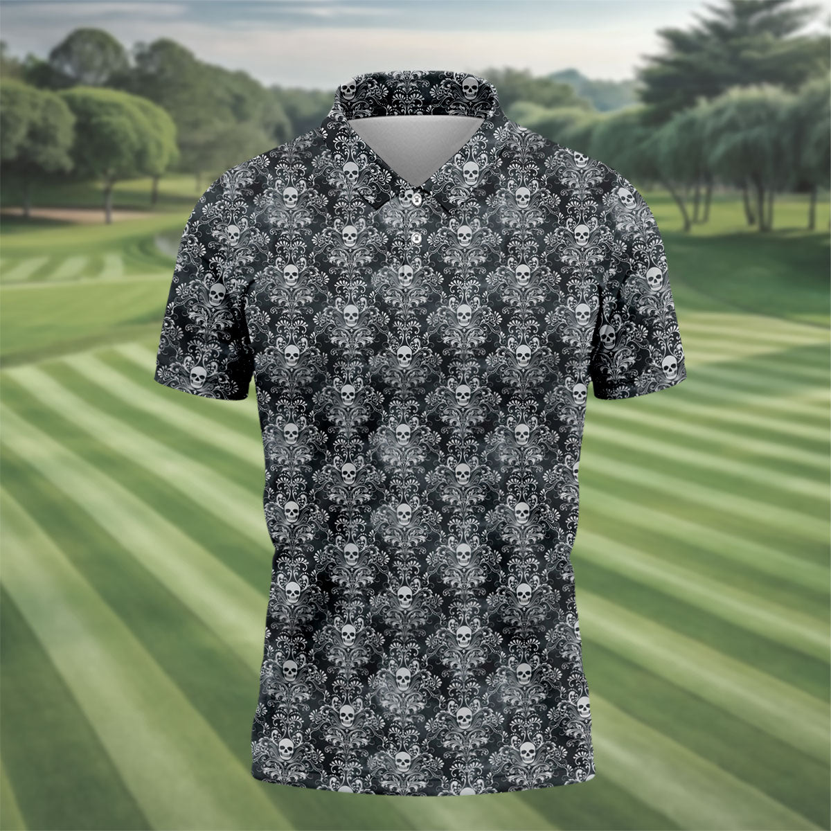 Skull Damask Charcoal Grey Gothic Floral Golf Tops For Men, Polo Shirtor Men, Golf Shirts For Men