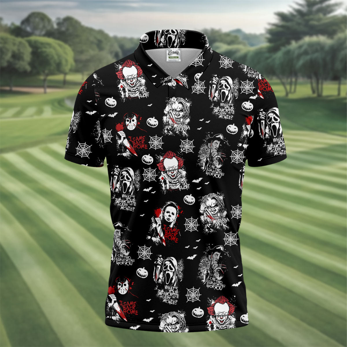 Funny Horror Character Men's Golf Polo ShirtScary Movie Shirt, Fun Golf Polo ShirtHalloween Gift