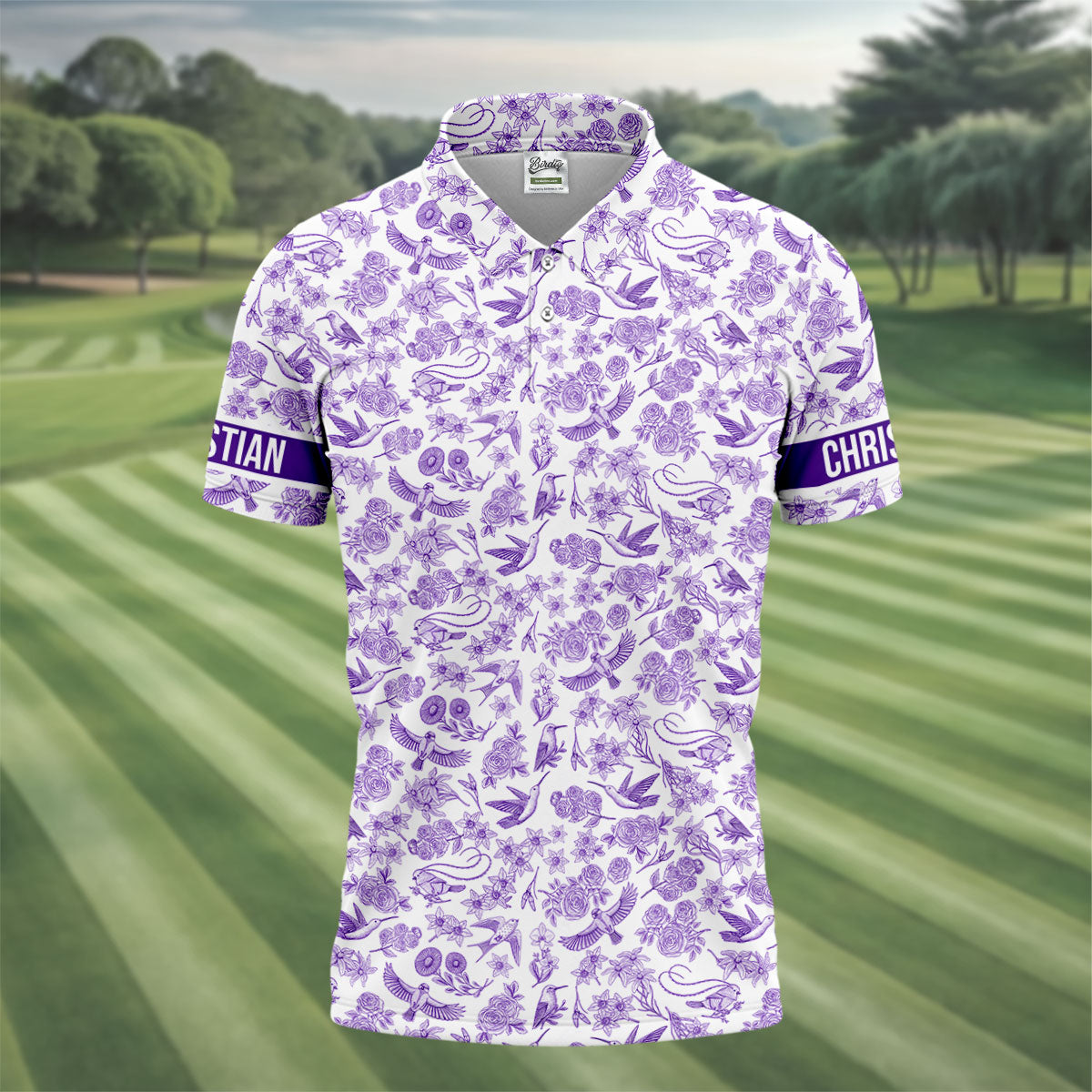 Custom Name Toile de Jouy Birds And Flowers Purple And White Polo ShirtFor Men, Golf Gift For Men