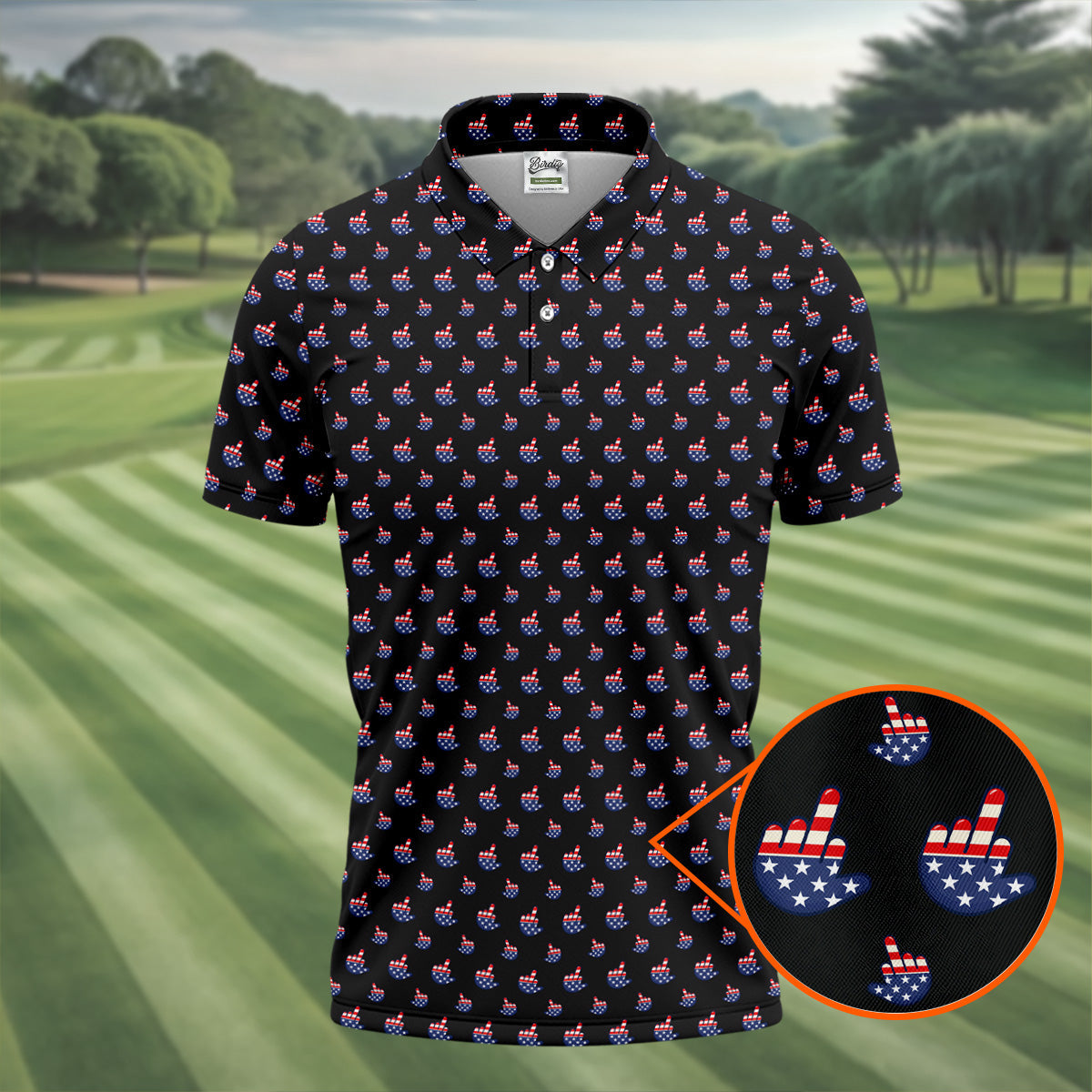 Funny Middle finger US Flag Pattern 250th Anniversary Black Golf Shirt, 4th Of July Golf Shirts For Men