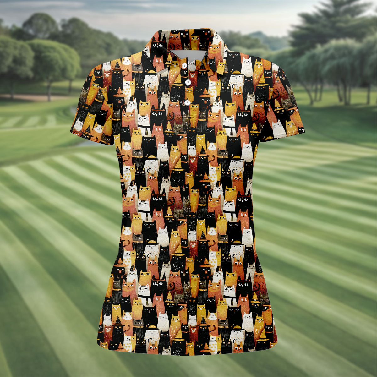 Orange Black Halloween Cat Funny Golf Shirts Women, Cute Golf Outfit, Ladies Golf Polos