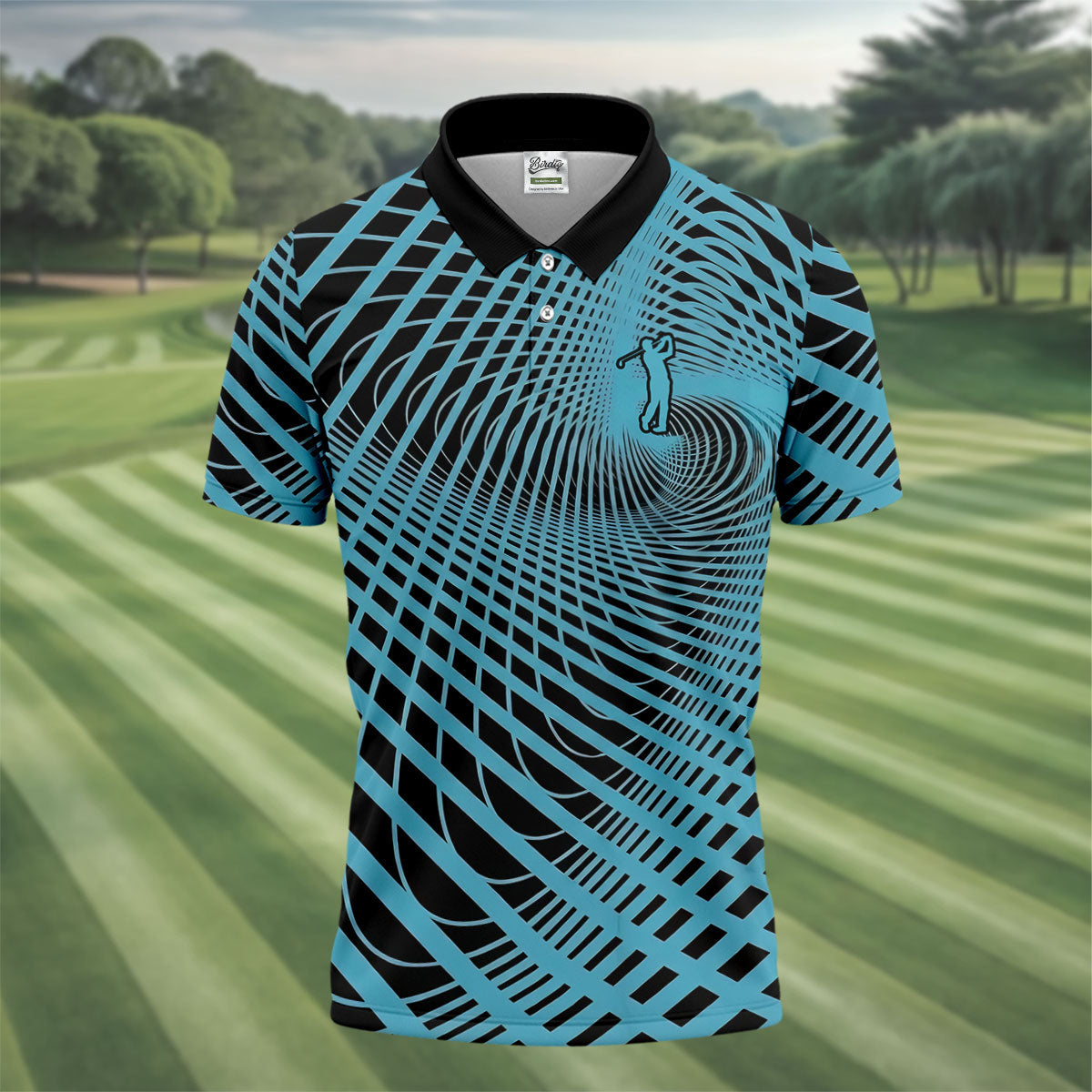 Swirling Vortex Black And Light Blue Golf Shirts For Men, Polo ShirtFor Men, Golfing Apparel