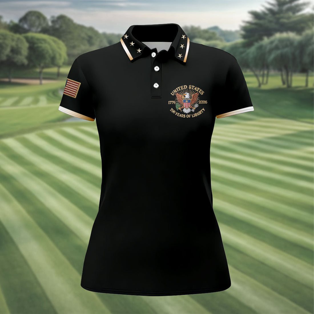 US 1776-2026 250 Years Of Liberty Black Patriotic Golf Shirt, 4th Of July Golf Shirt For Women