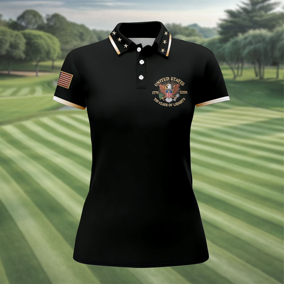US 1776-2026 250 Years Of Liberty Black Patriotic Golf Shirt, 4th Of July Golf Shirt For Women
