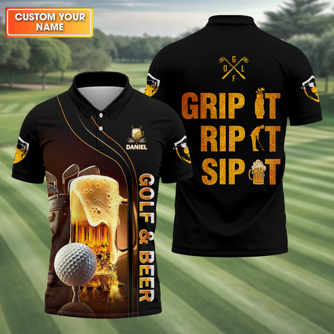 Grip It Rip It Sip It Golf Beer Shirt, Fun Golf Shirts For Men, Funny Golf Polo ShirtDad Golf Gifts