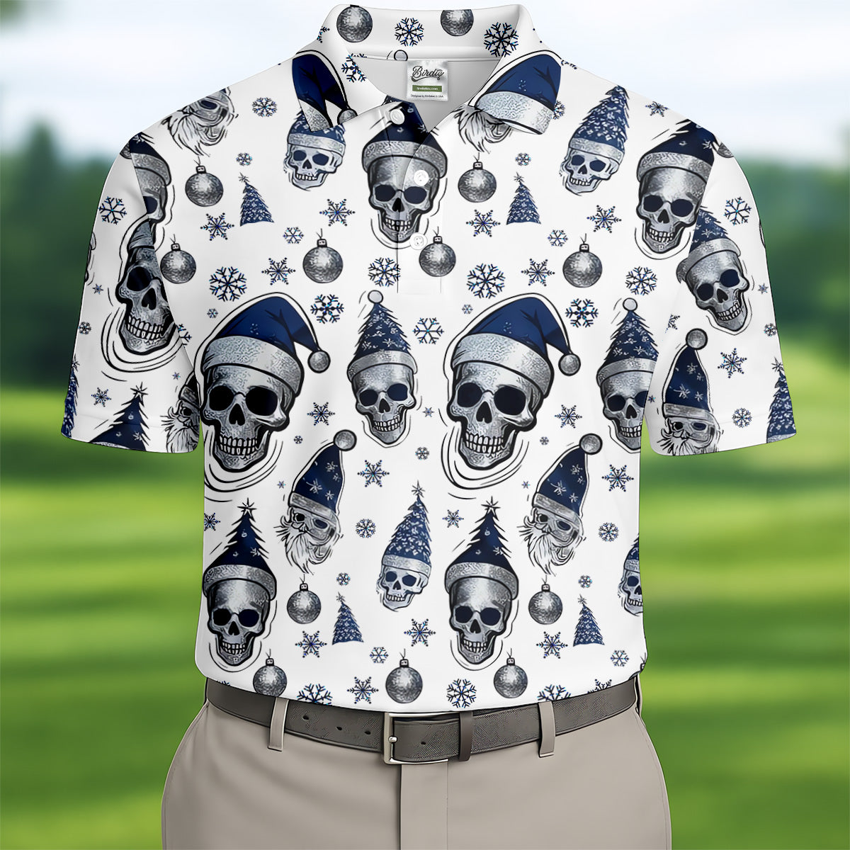 Vintage Skull Christmas Golf Shirt, White Polo Shirt, Cool Golf Gift, Golf Shirts For Men