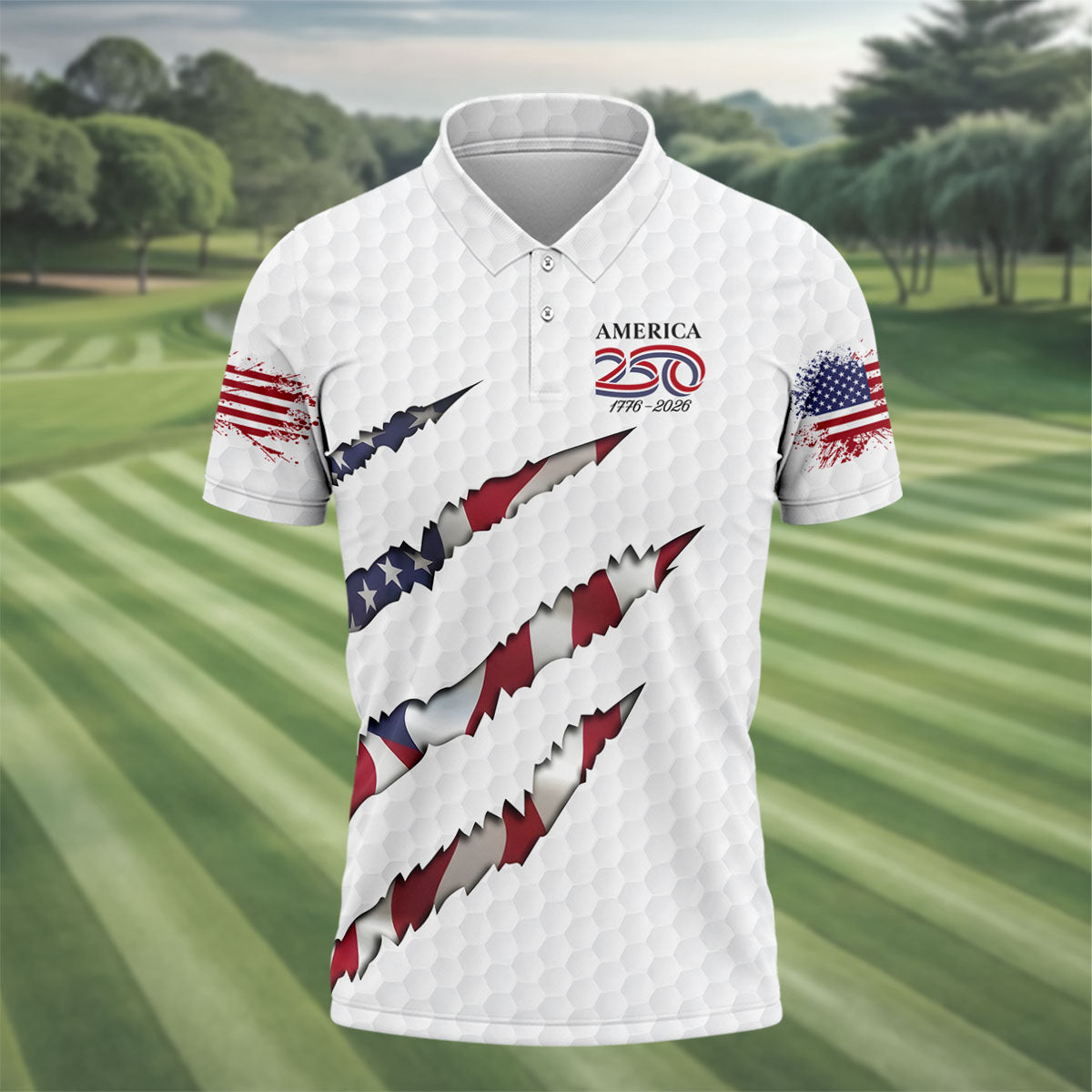 America 250 1776-2026 Scratched Flag Golf Ball Pattern White Golf Shirt, Patriotic 4th Of July Golf Shirts For Men