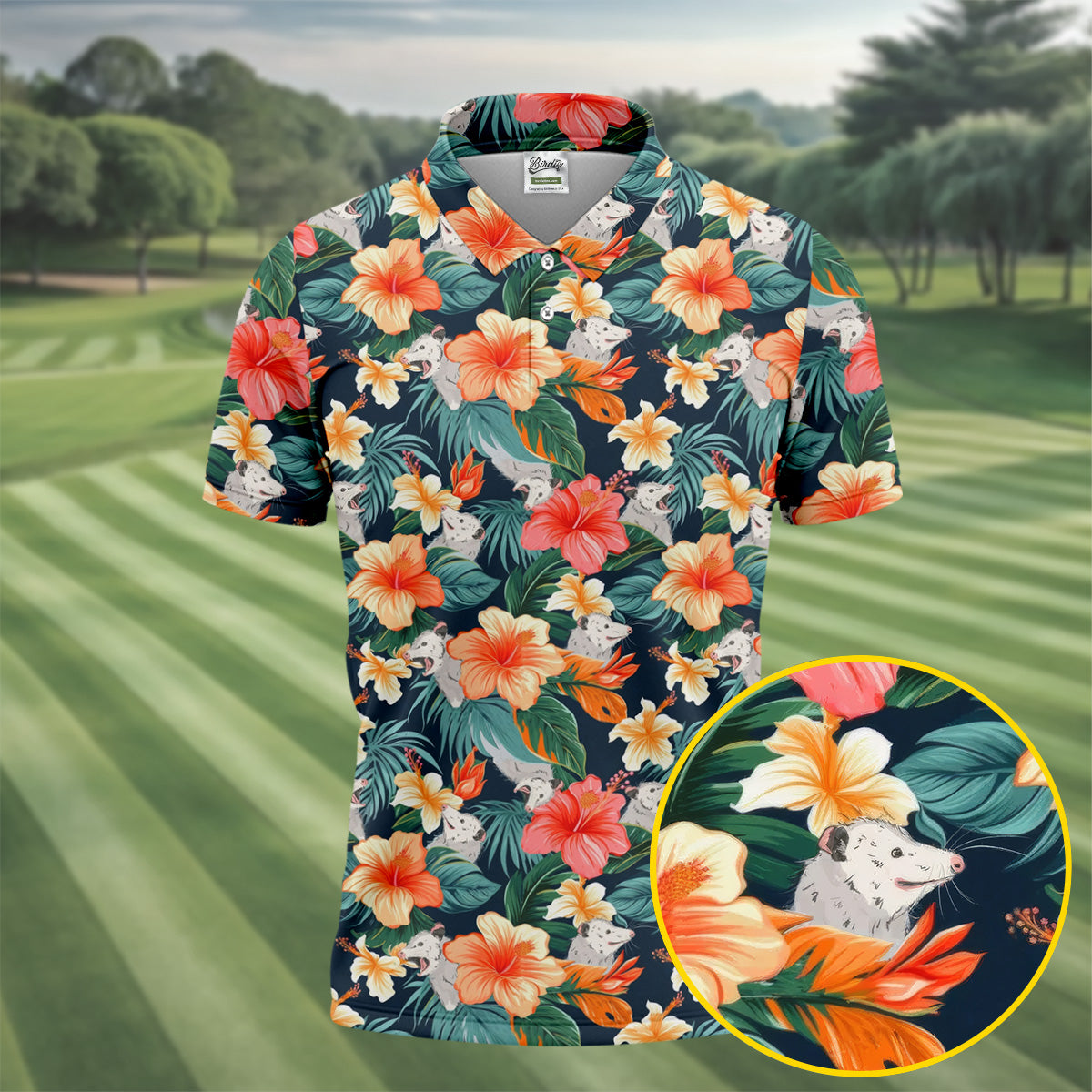 Large Hibiscus Flowers Tropical Vibe Golf Tops For Men, Hawaiian Golf Shirts, Polo Shirt Men