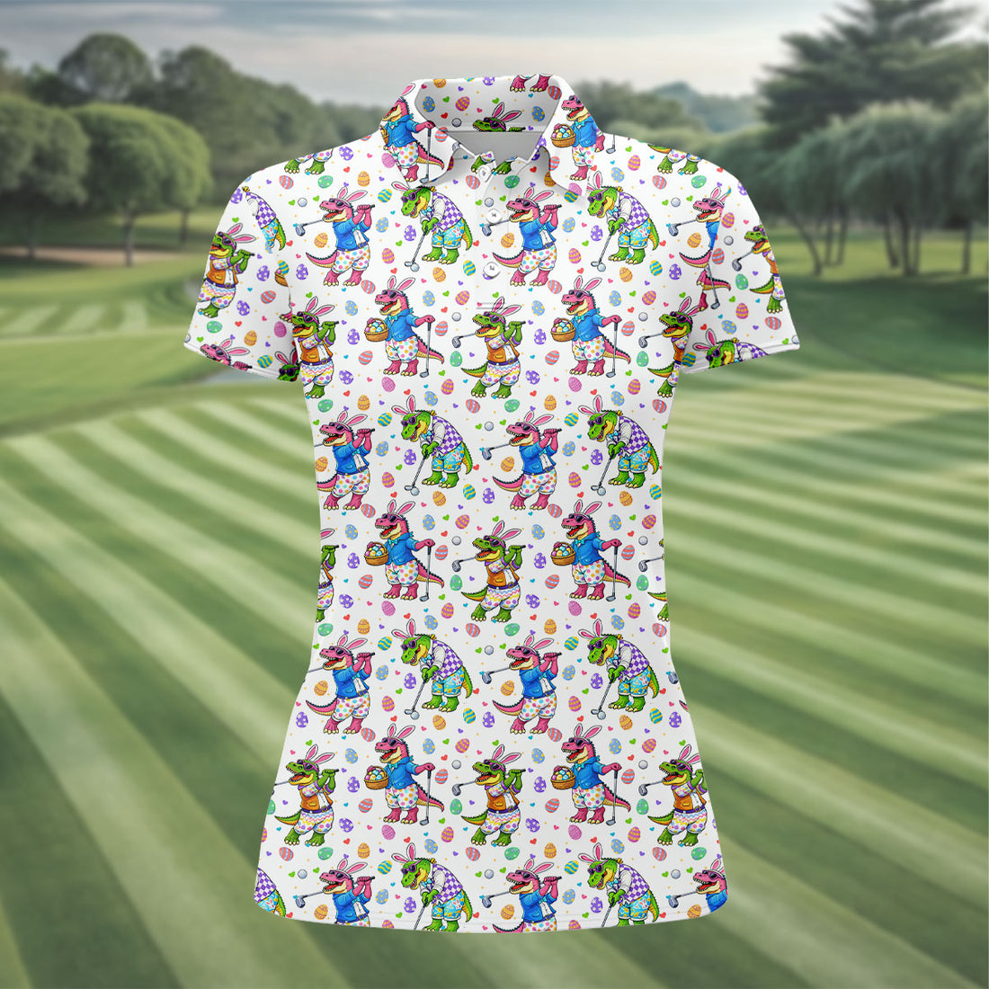 Easter Dinosaur Gradient Pattern Women Golf Top, Fun Women's Golf Shirts, Ladies Golf Shirts