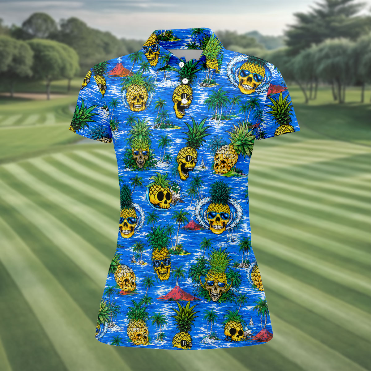 Pineapple Skull Golf Shirt, Tropical Island Volcano Pattern, Golf Shirt For Women