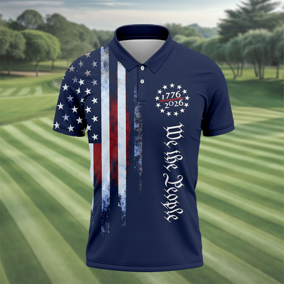 We The People 250 Years Navy Vintage Golf Shirt, Patriotic 4th Of July Golf Shirts For Men