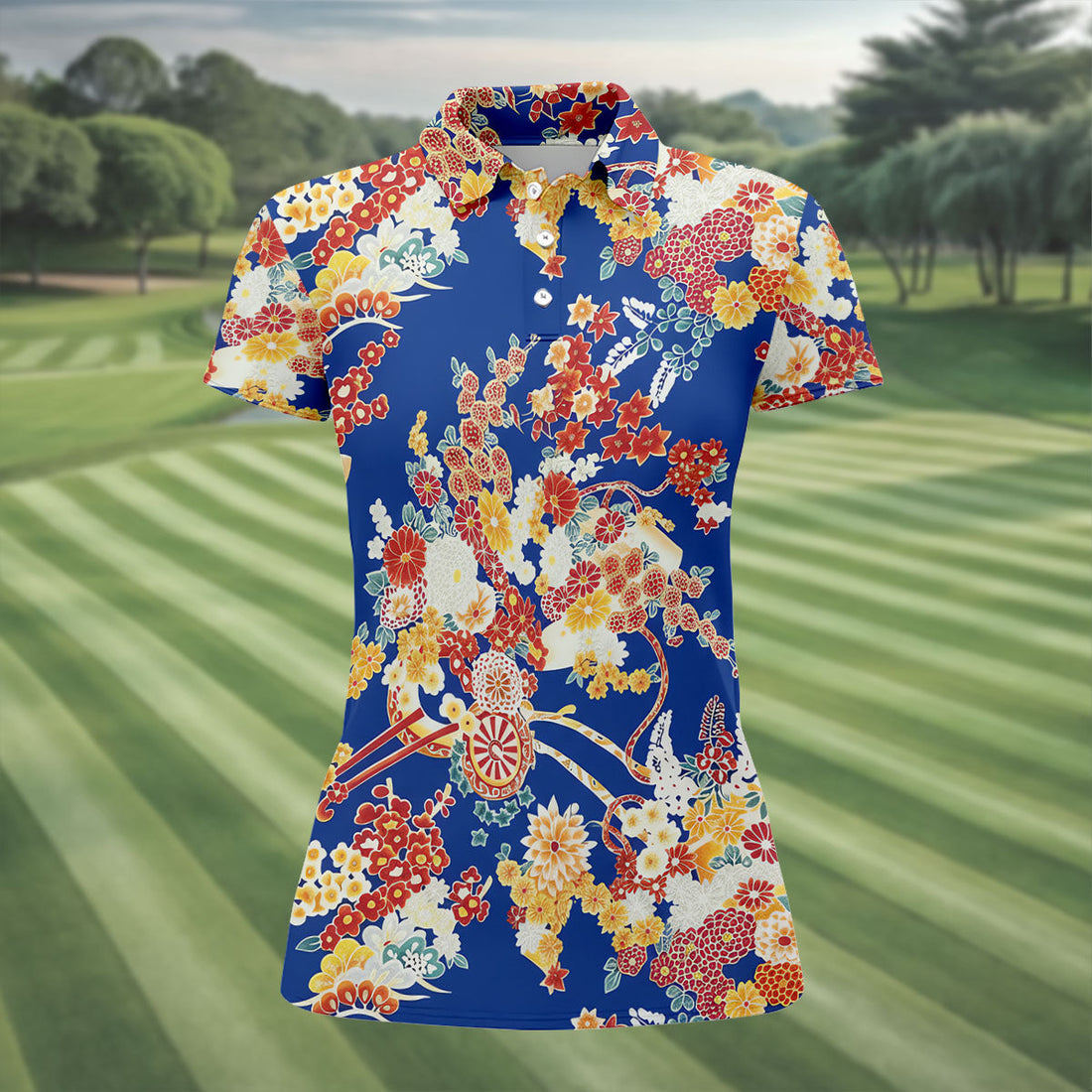 Royal Blue Japanese Floral Pattern Golf Shirt, Women’s Golf Polo, Ladies Golf Tops