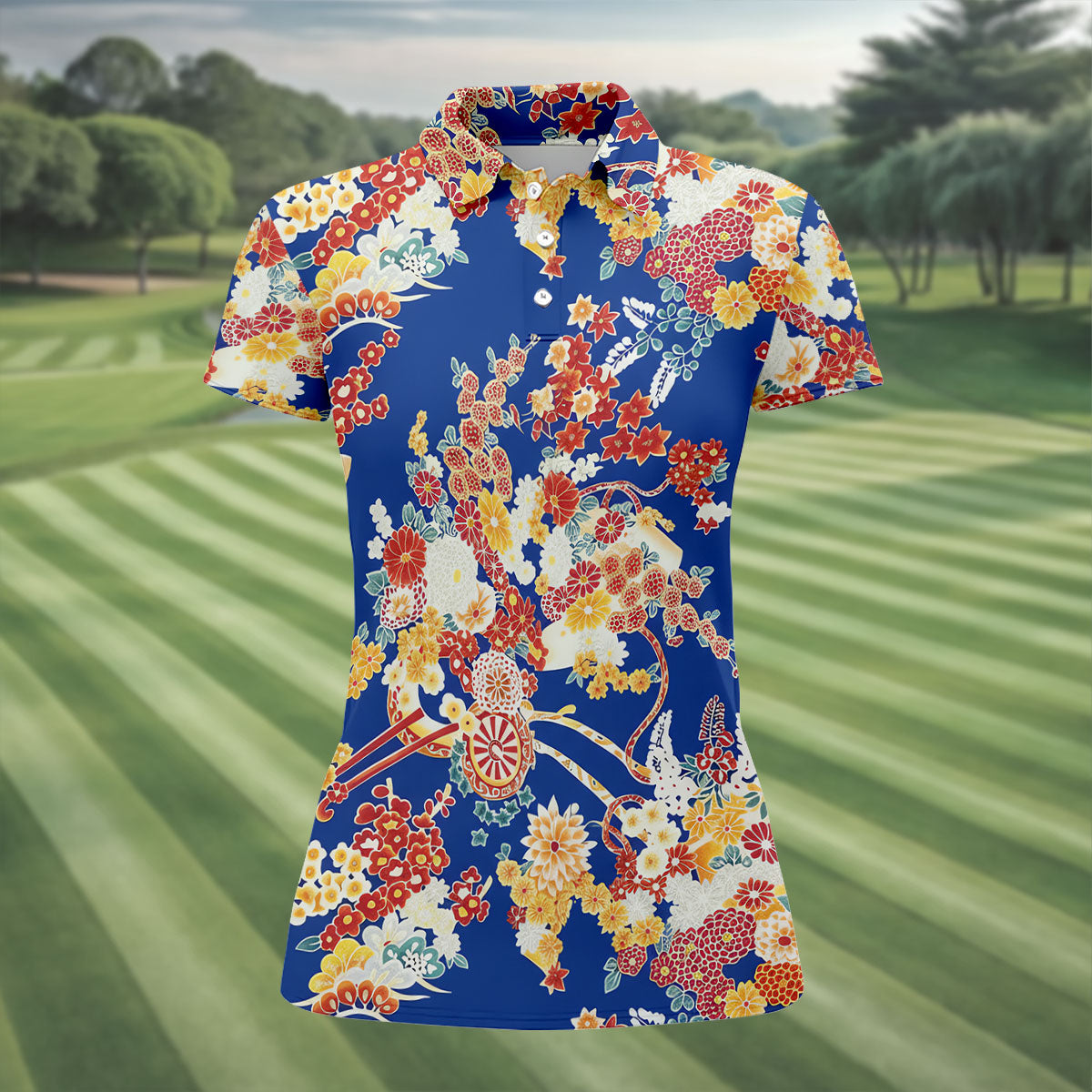 Royal Blue Japanese Floral Pattern Golf Shirt, Women’s Golf Polo, Ladies Golf Tops