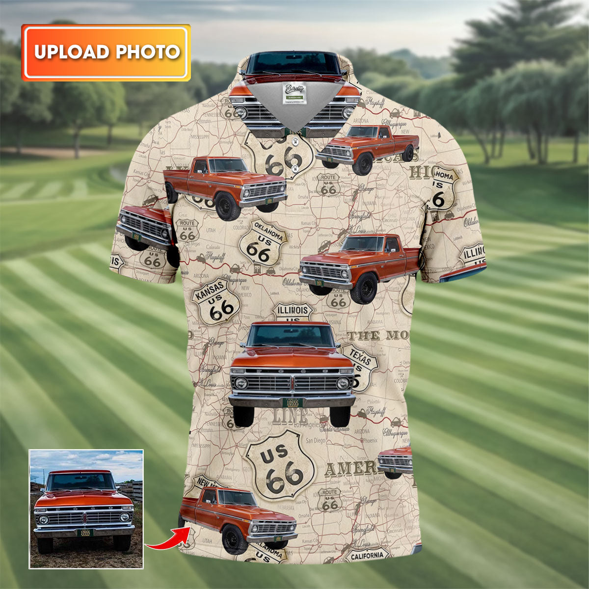 Custom Photo Truck Golf Shirt, Vintage Pickup Route 66 Map Pattern, Golf Shirt For Men