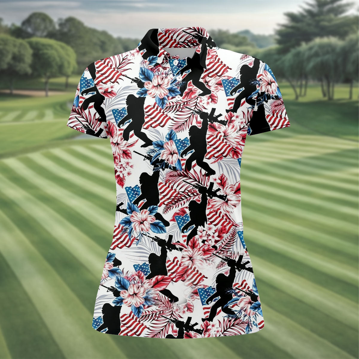 Hawaiian Bigfoot Patriotic 4th Of July American Flag Golf Shirt, 250th Anniversary Women Golf Top