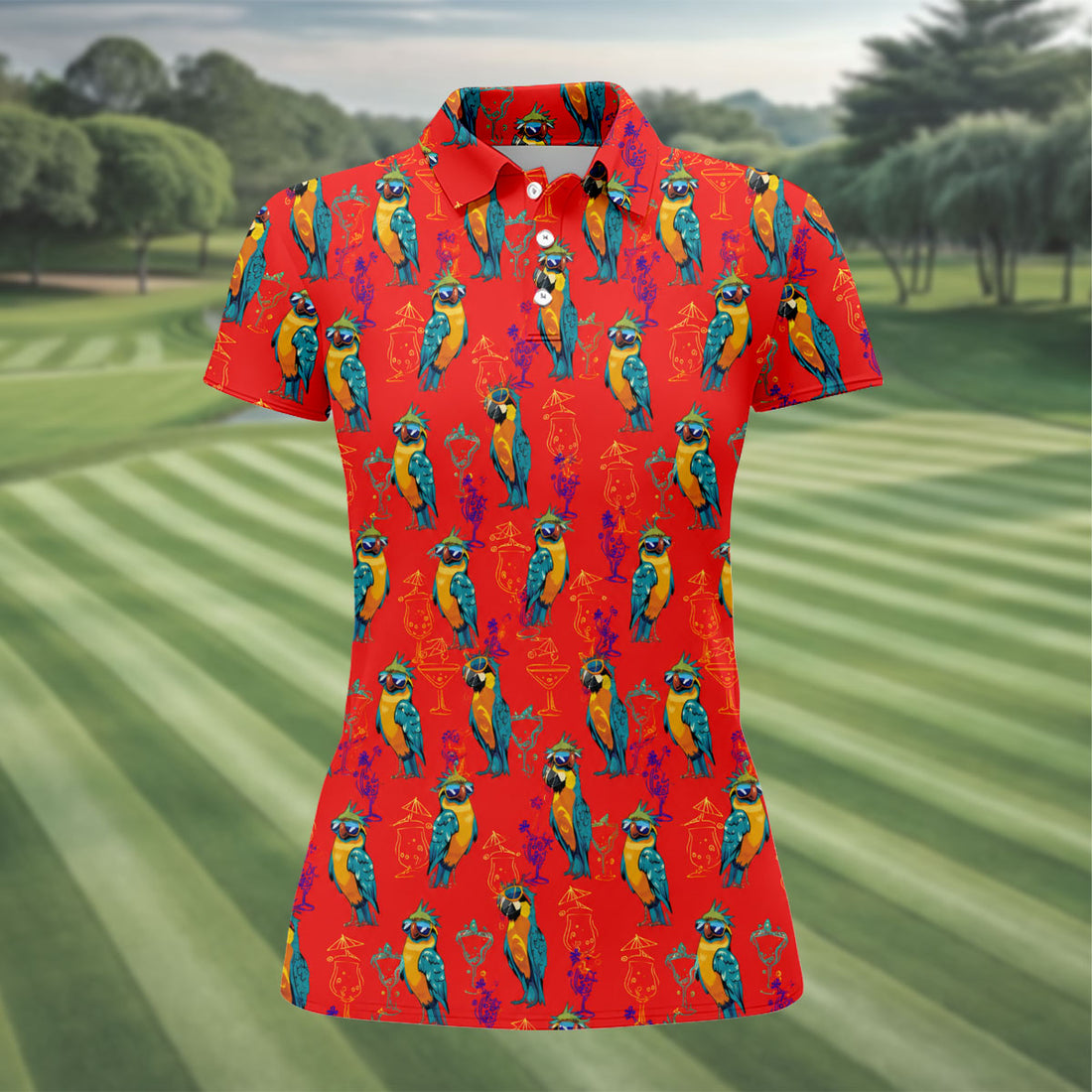 Red Parrot Sunglasses Cocktail Pattern Golf Shirt, Hawaiian Golf Shirt, Golf Tops For Women, Women’s Golf Apparel